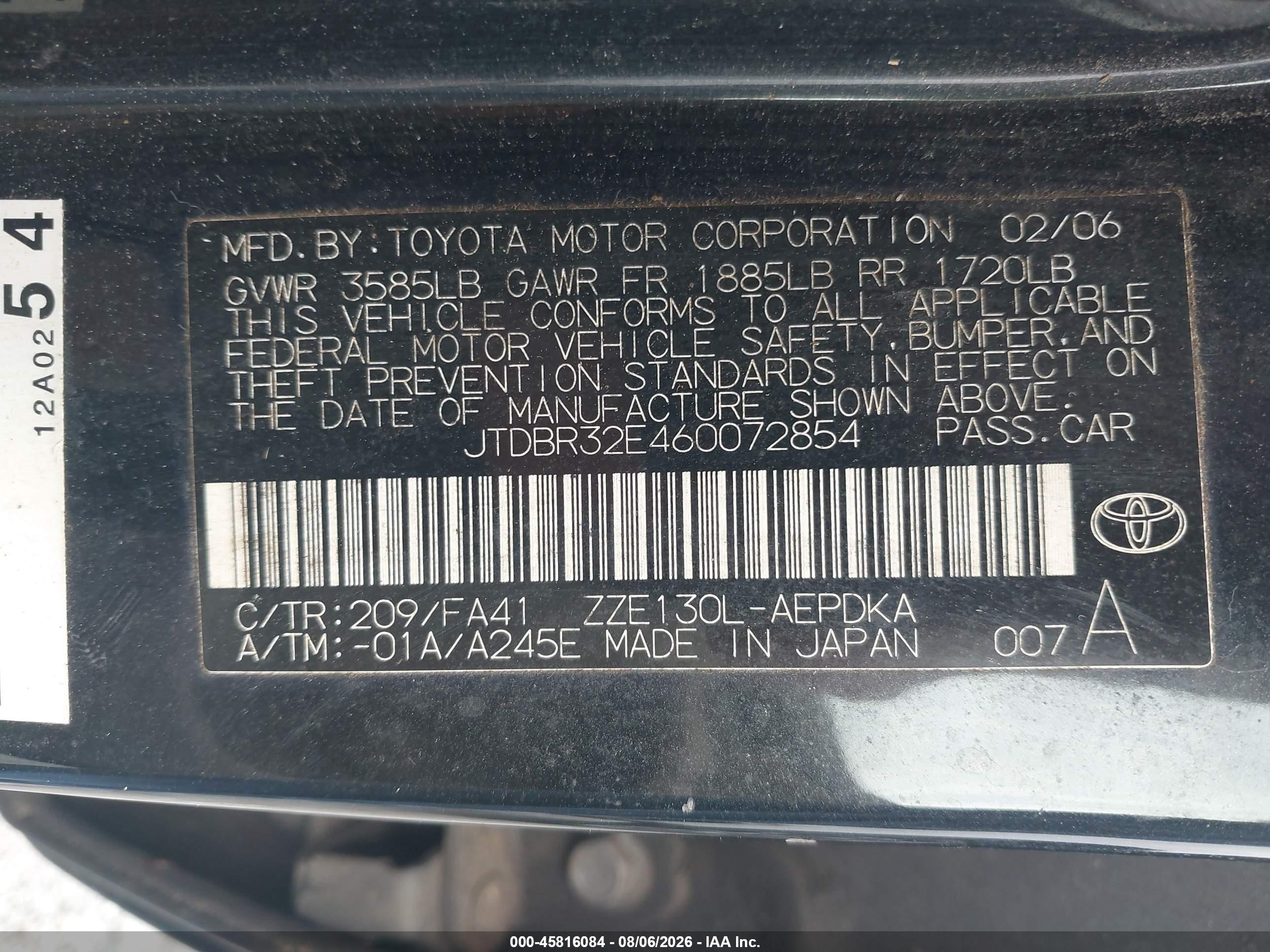 2006 Toyota Corolla Ce Black vin: JTDBR32E460072854