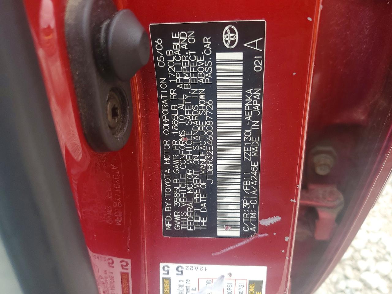 2006 Toyota Corolla Le Red vin: JTDBR32E460087726