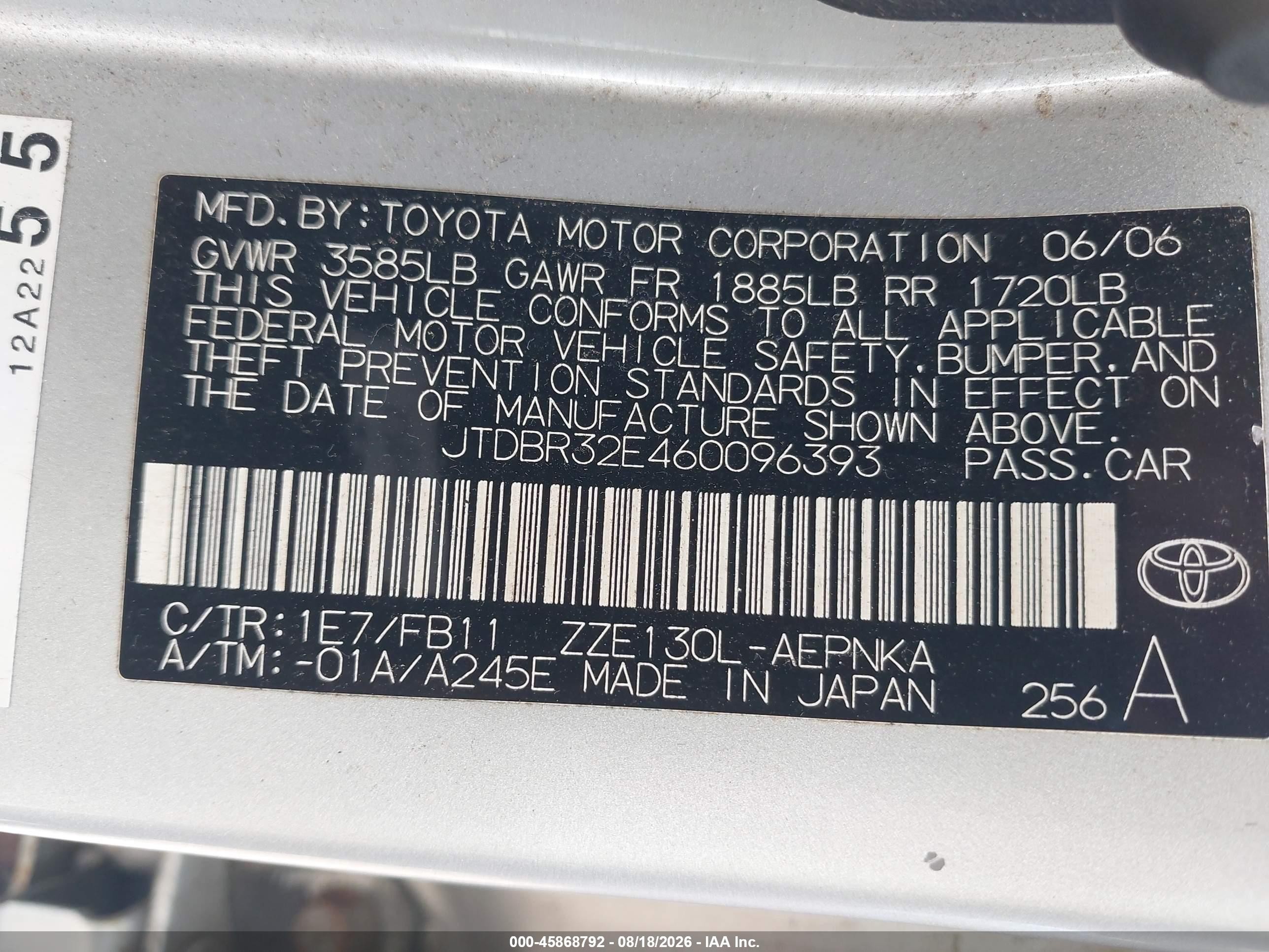 2006 Toyota Corolla Le Silver vin: JTDBR32E460096393