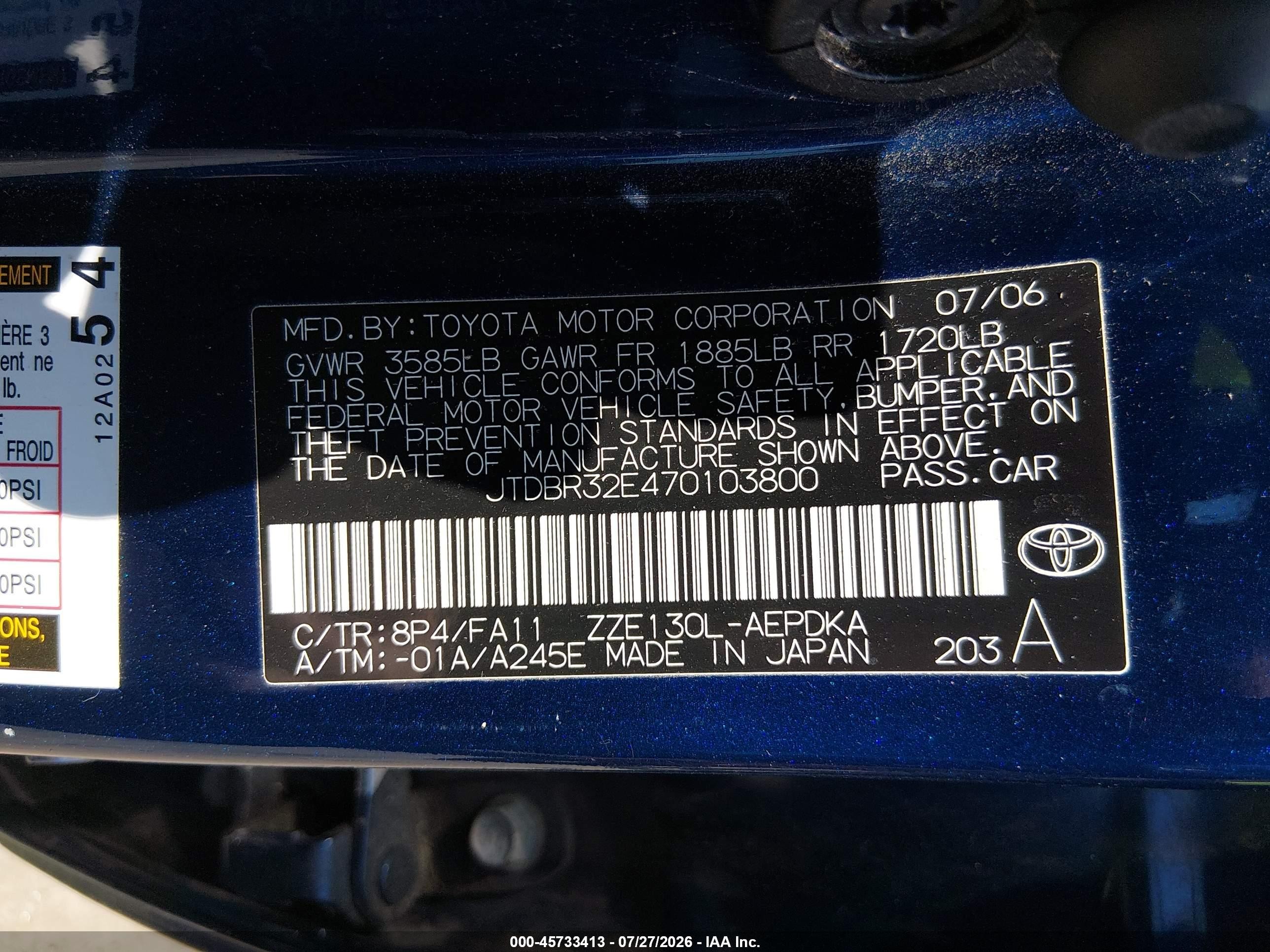 2007 Toyota Corolla Ce Navy vin: JTDBR32E470103800