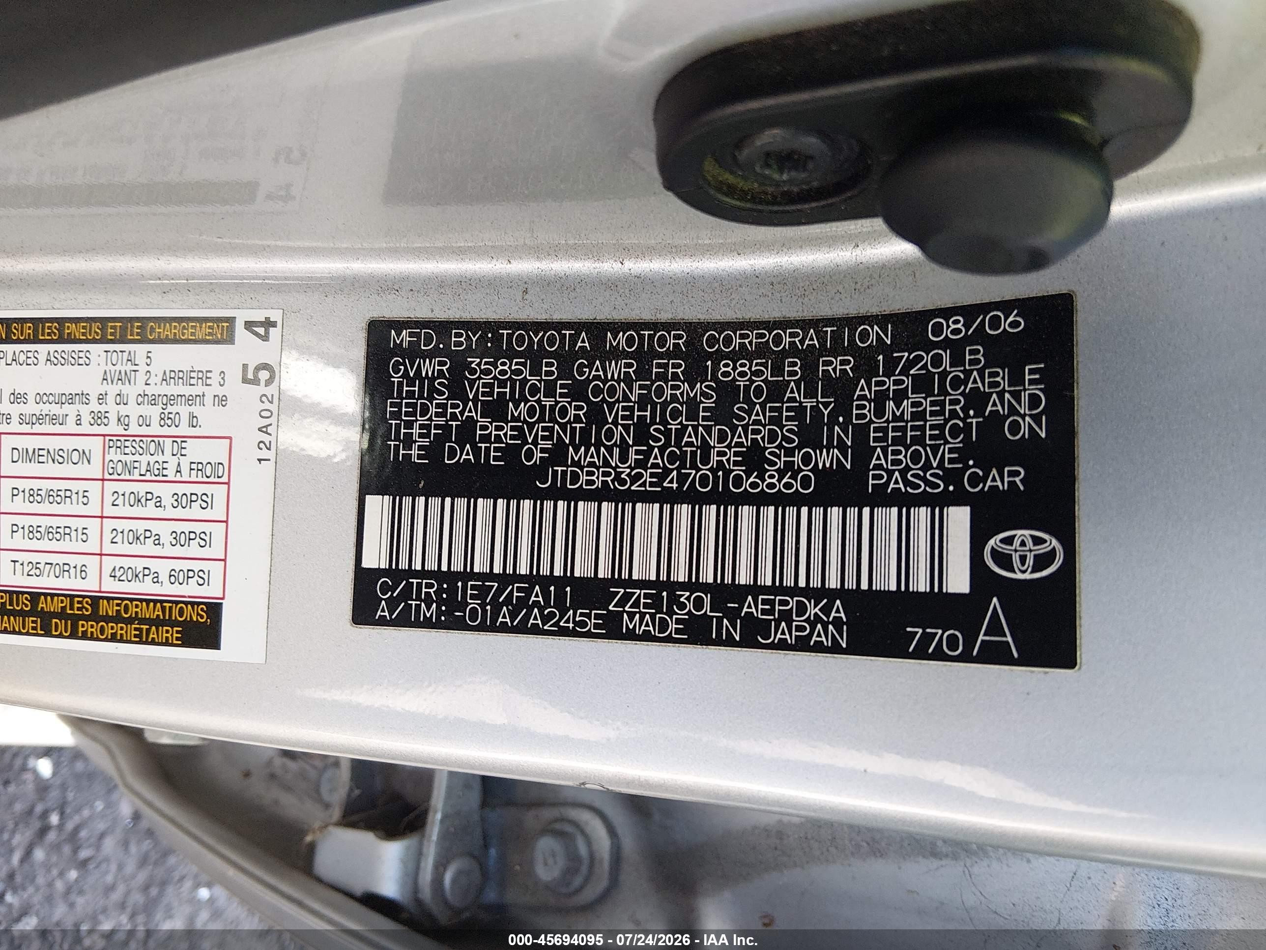 2007 Toyota Corolla Ce Silver vin: JTDBR32E470106860