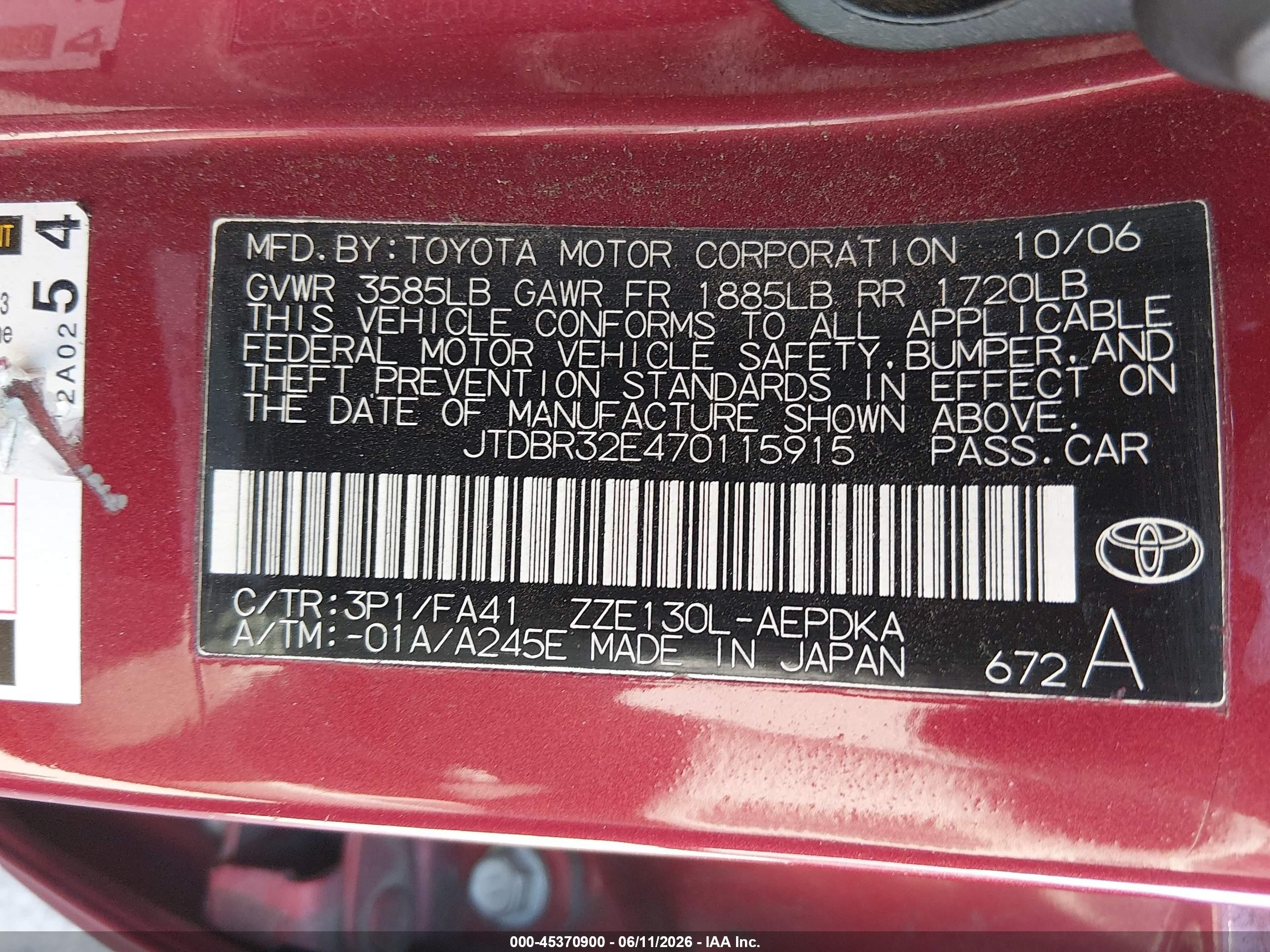 2007 Toyota Corolla Ce Red vin: JTDBR32E470115915