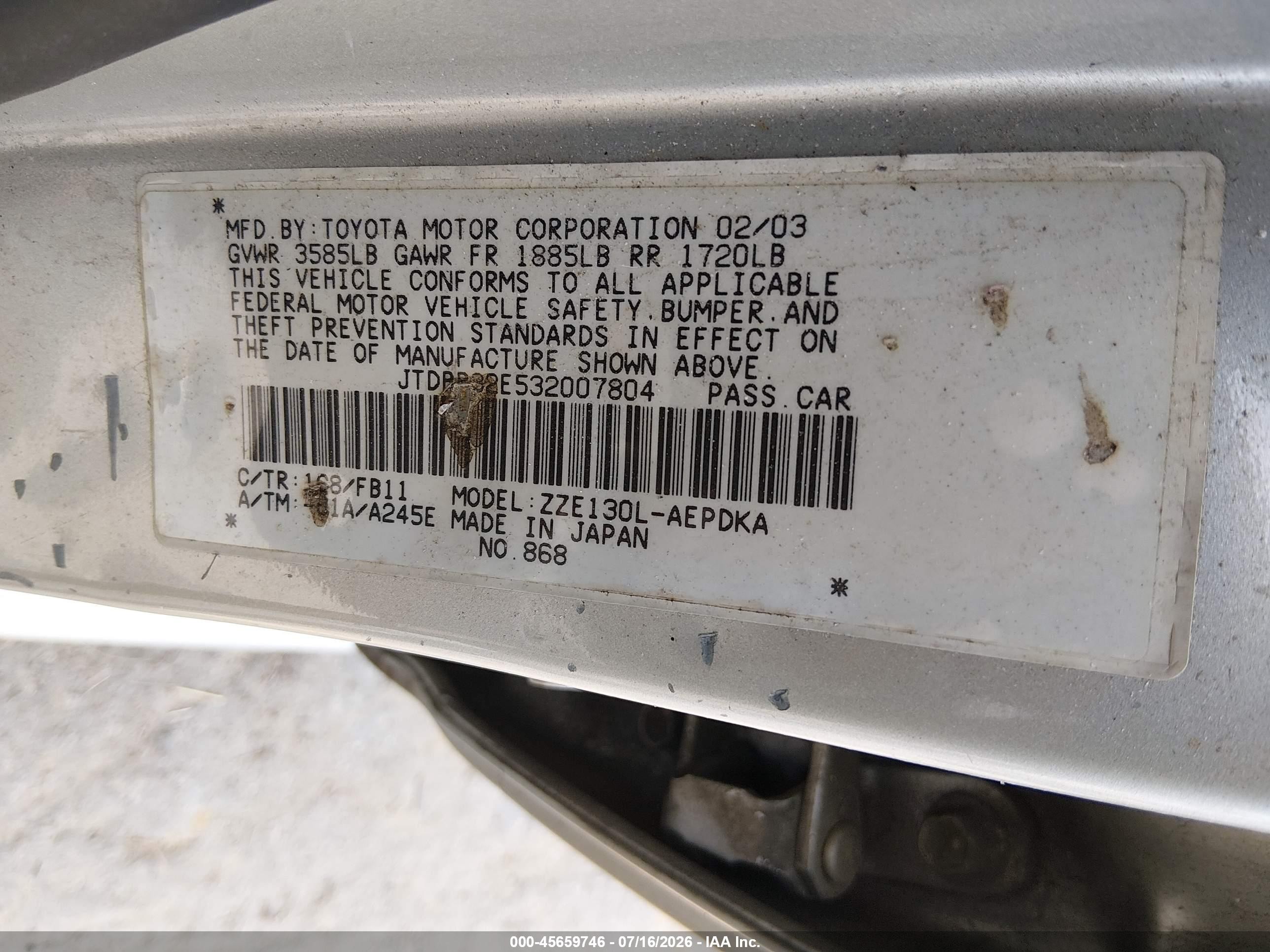 2003 Toyota Corolla Ce Silver vin: JTDBR32E532007804