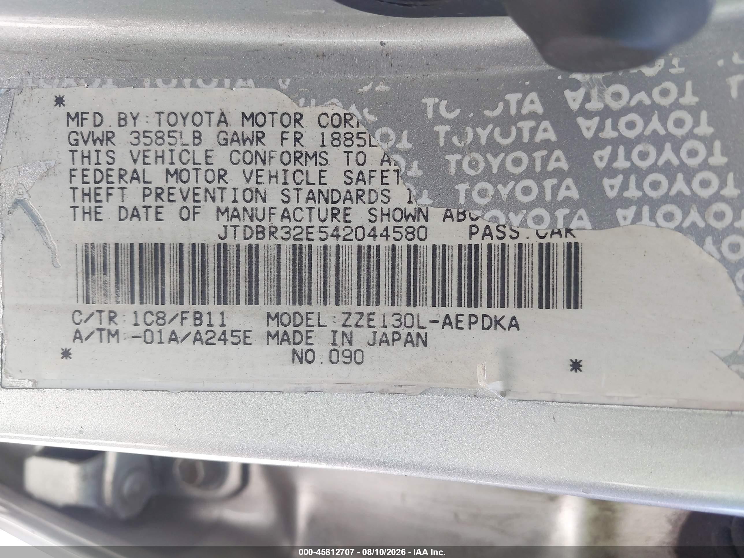 2004 Toyota Corolla Ce Silver vin: JTDBR32E542044580