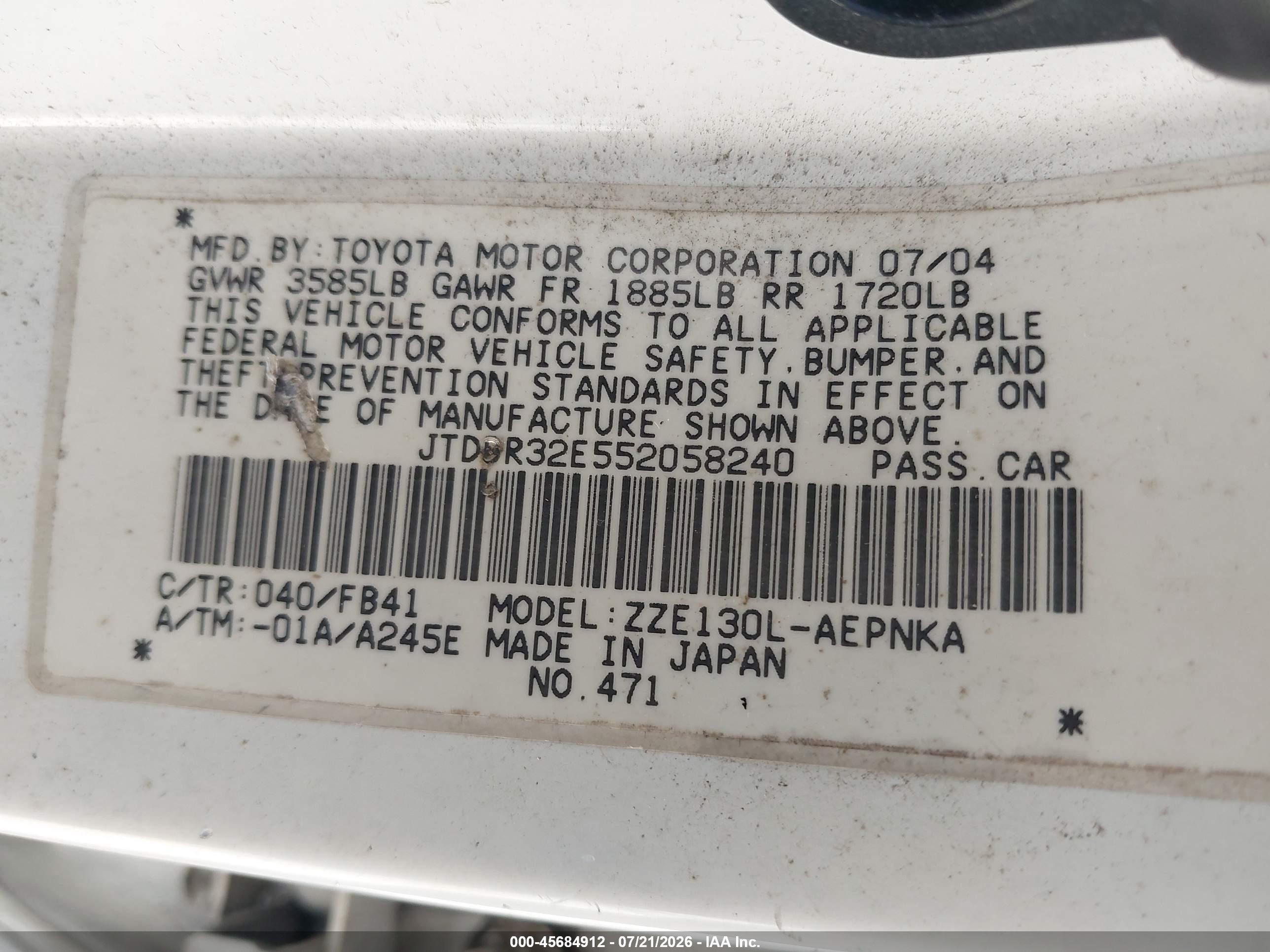 2005 Toyota Corolla Le White vin: JTDBR32E552058240