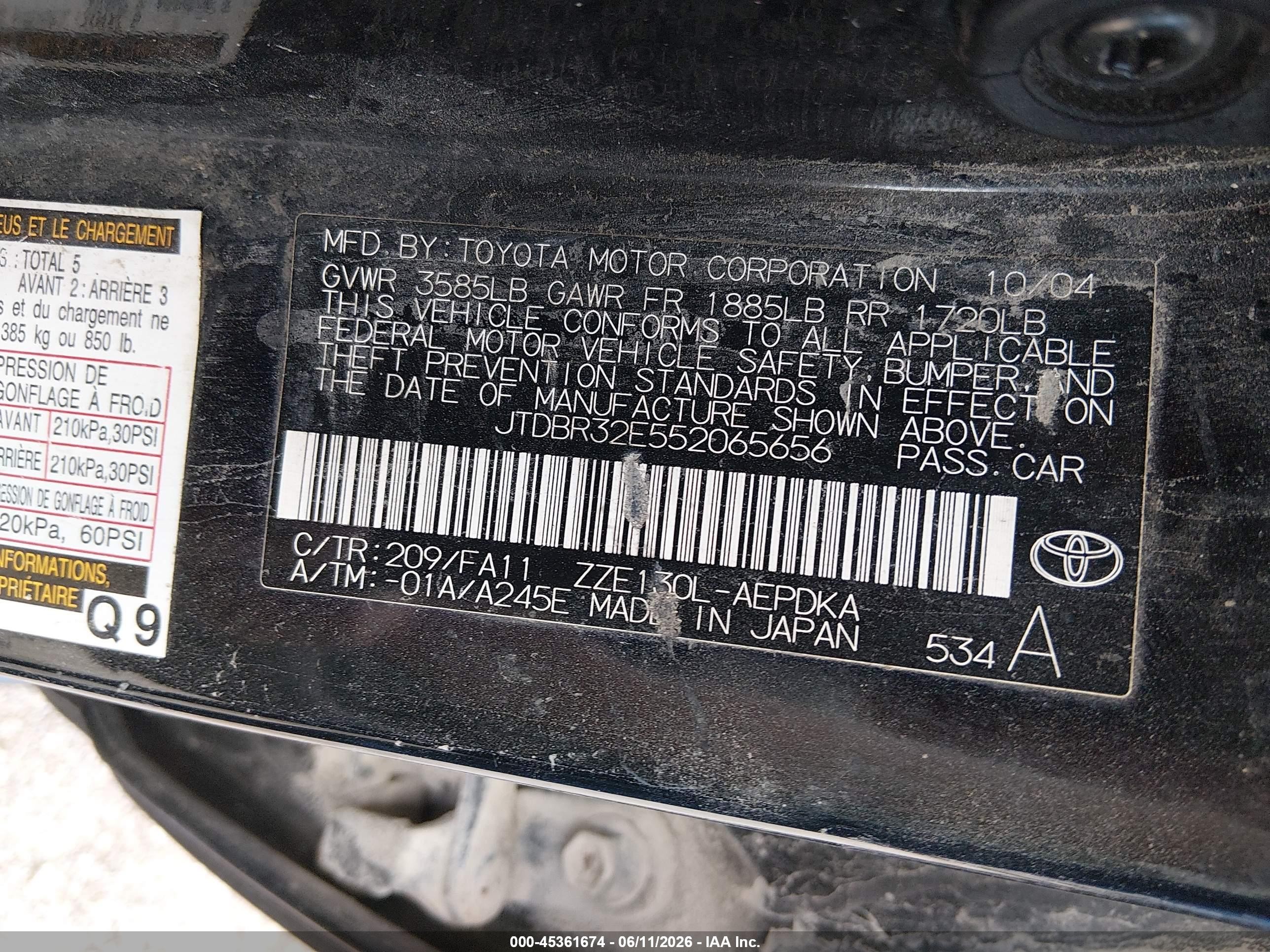 2005 Toyota Corolla Ce/le Black vin: JTDBR32E552065656