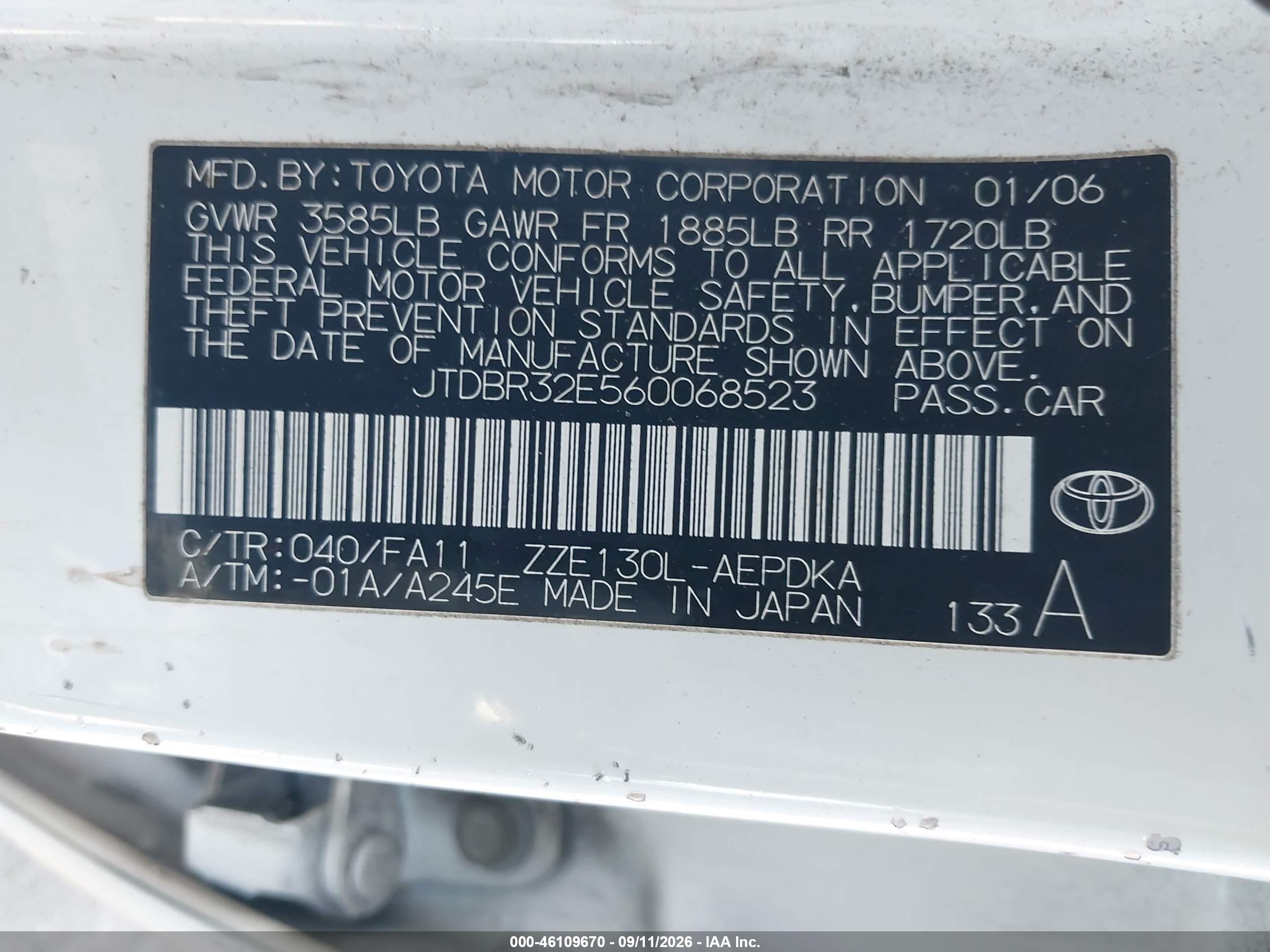 2006 Toyota Corolla Ce Белый vin: JTDBR32E560068523