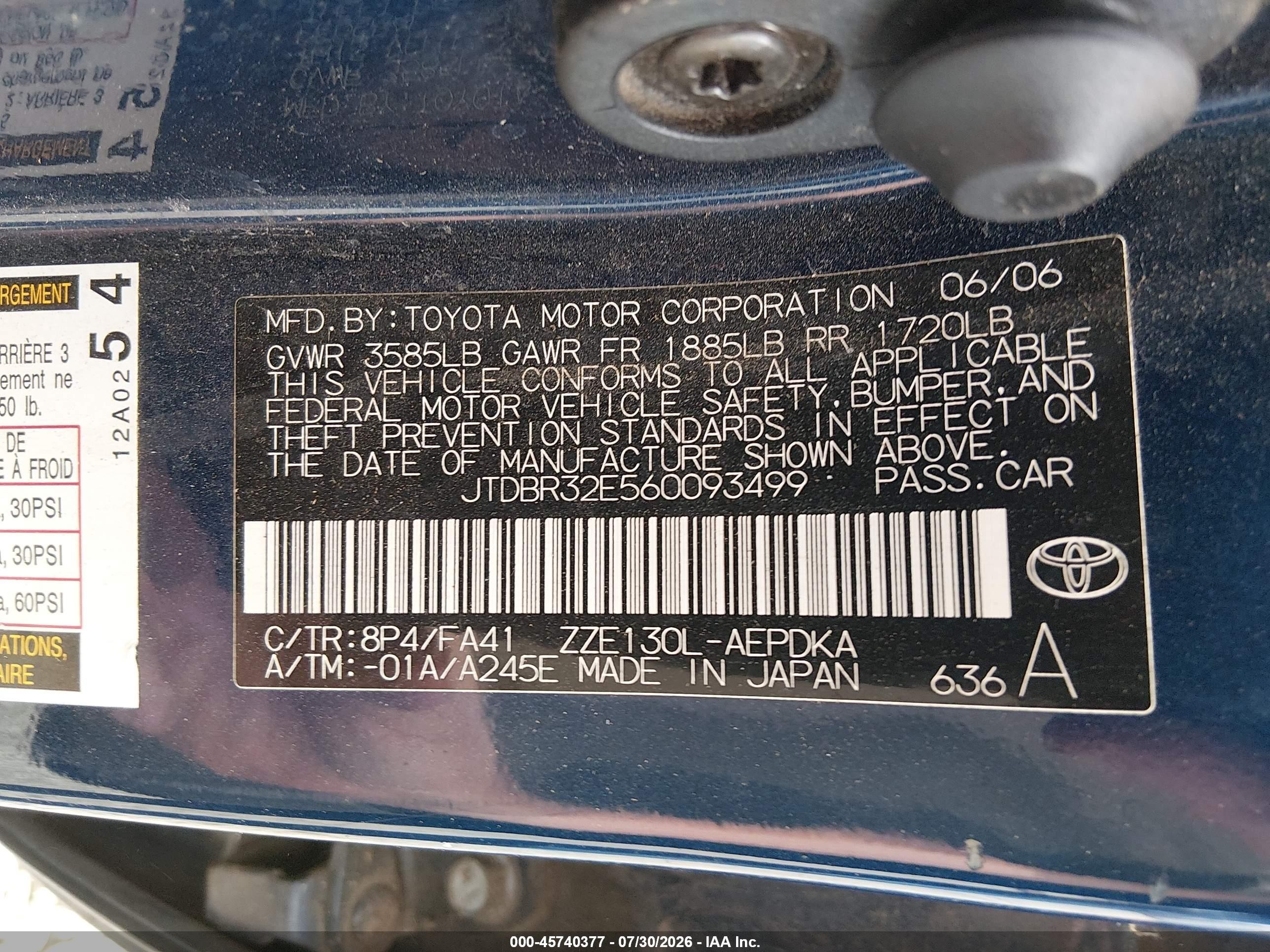 2006 Toyota Corolla Ce Синий vin: JTDBR32E560093499