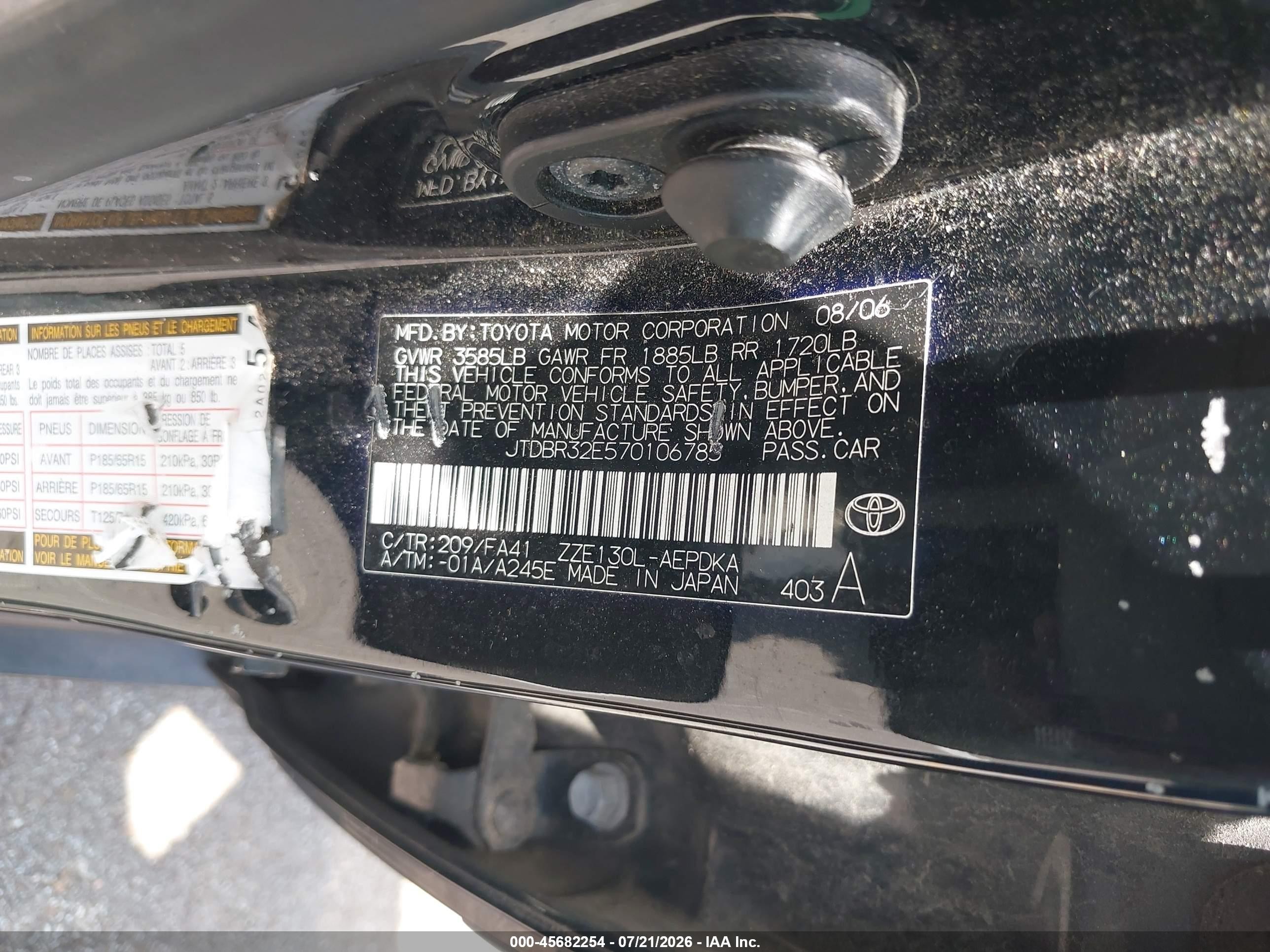 2007 Toyota Corolla Ce Black vin: JTDBR32E570106785