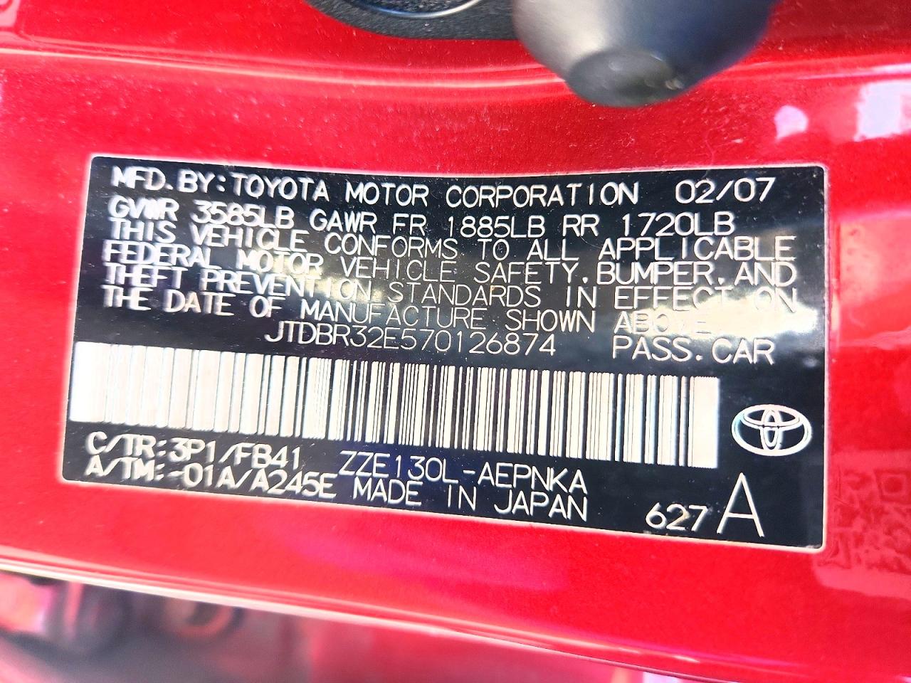 2007 Toyota Corolla Le Red vin: JTDBR32E570126874