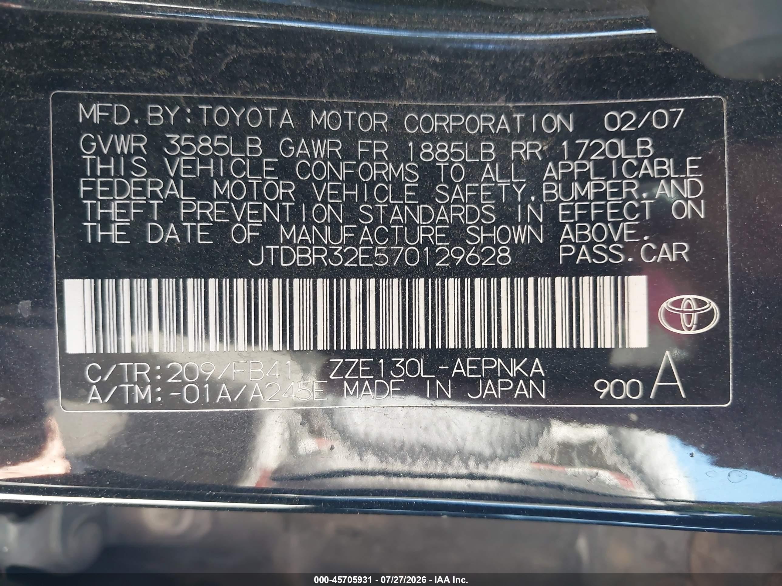 2007 Toyota Corolla Le Black vin: JTDBR32E570129628