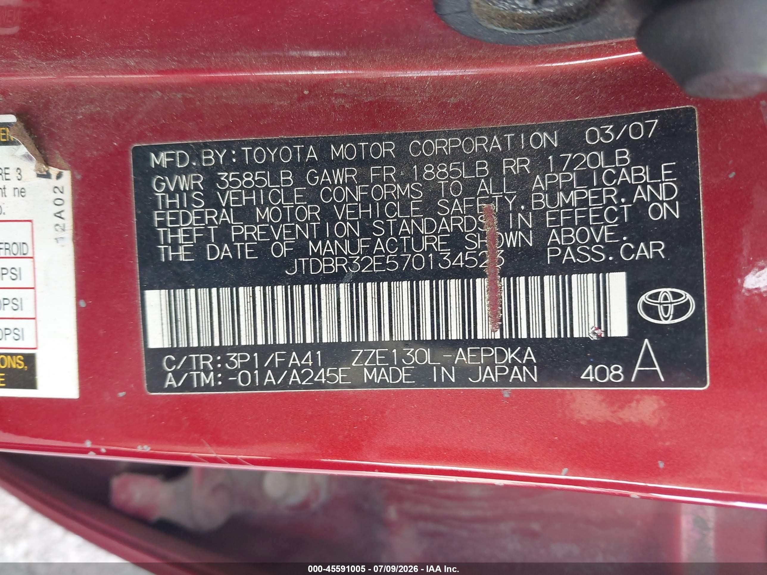 2007 Toyota Corolla Ce Pink vin: JTDBR32E570134523