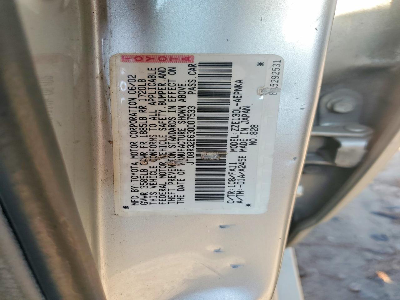 2003 Toyota Corolla Le Silver vin: JTDBR32E630007533