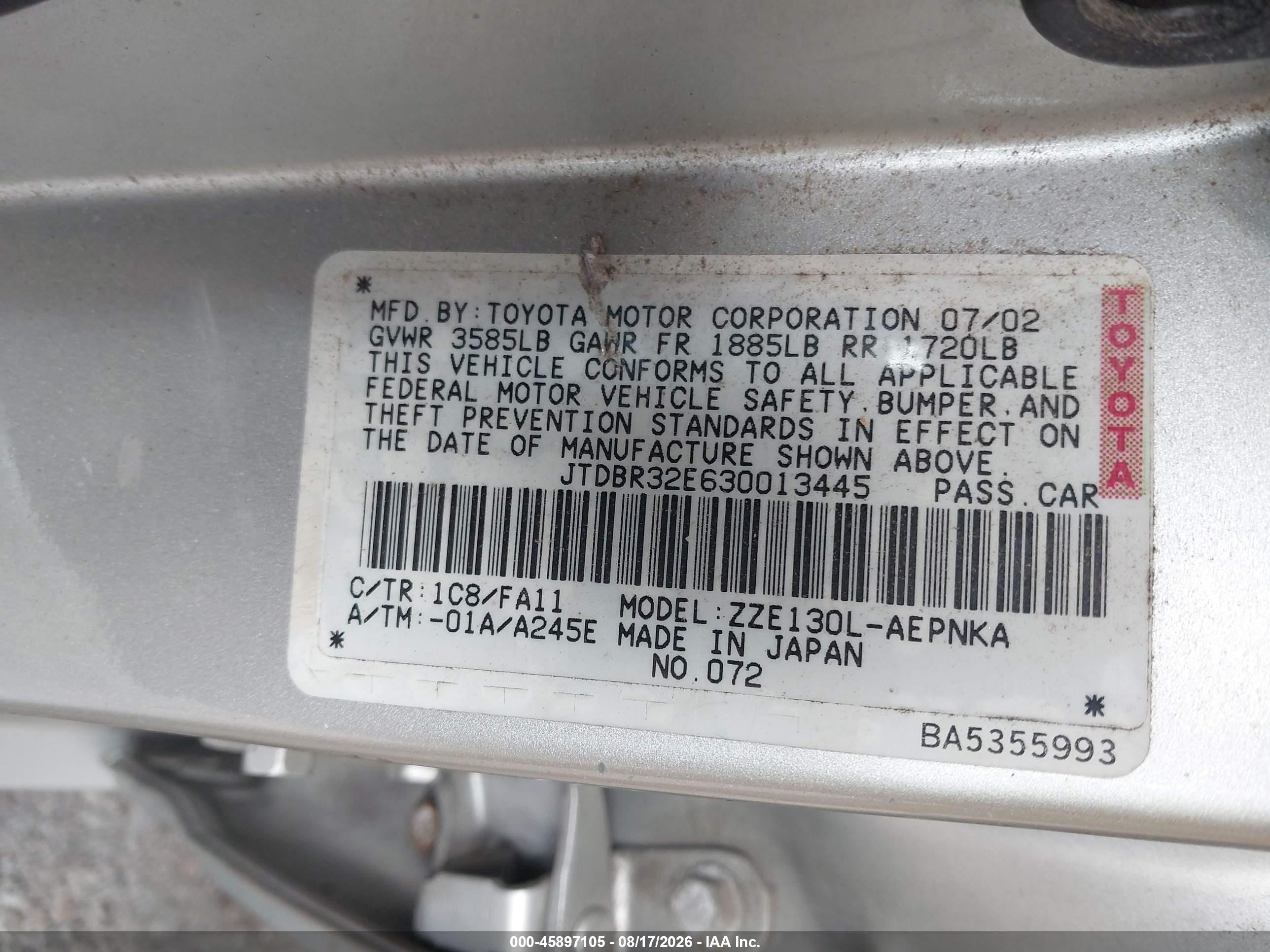 2003 Toyota Corolla Le Silver vin: JTDBR32E630013445