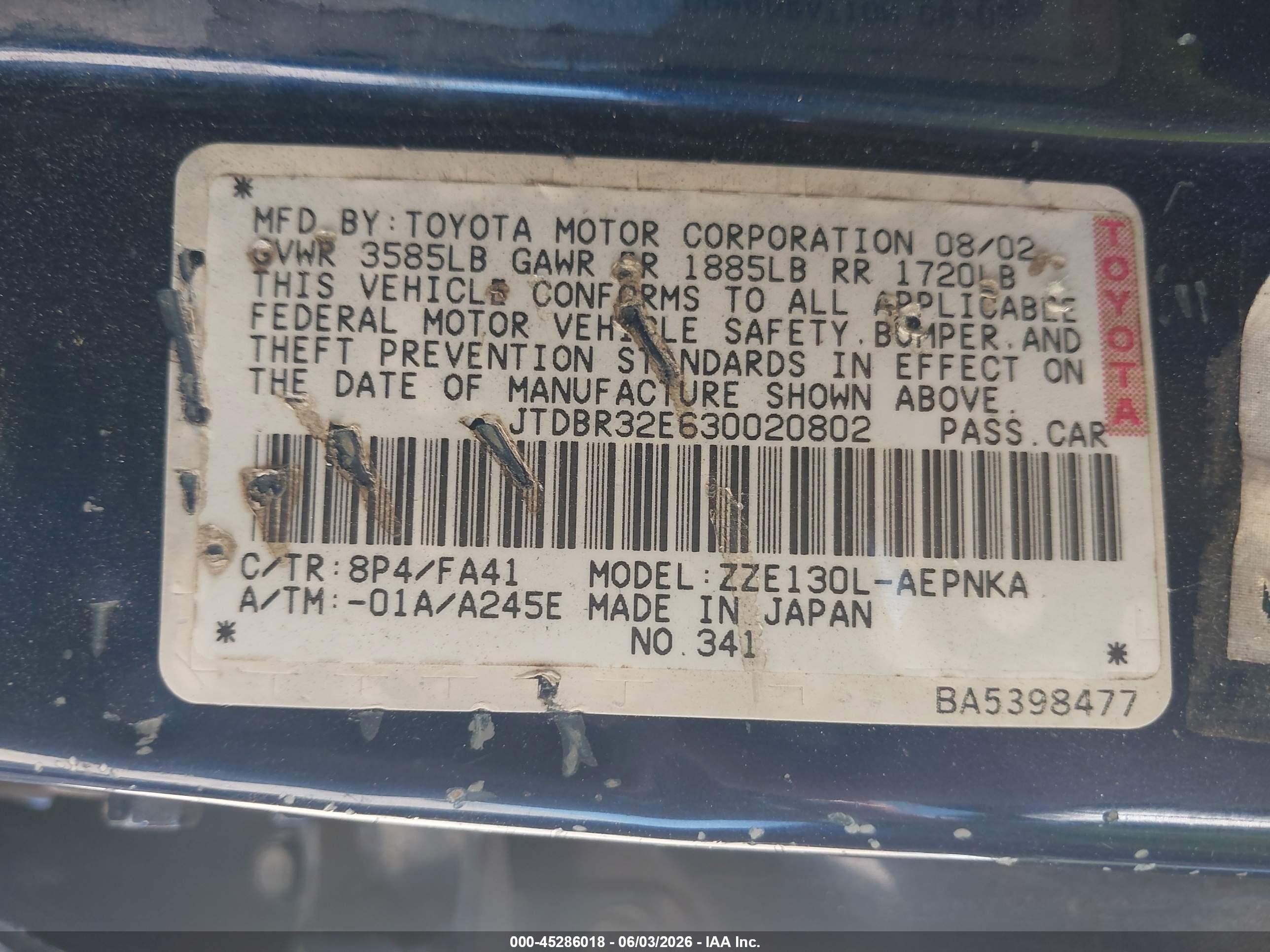 2003 Toyota Corolla Le Blue vin: JTDBR32E630020802