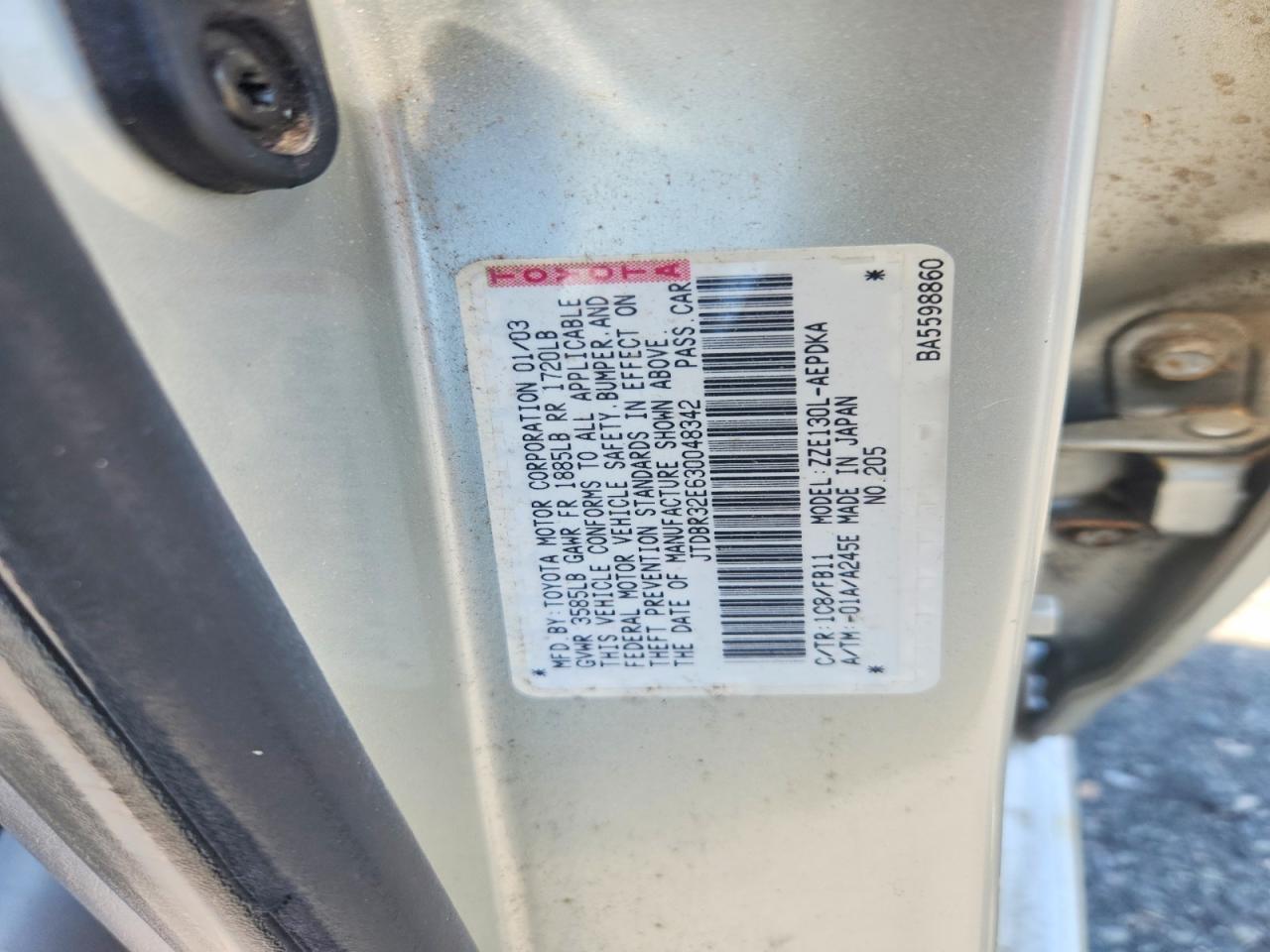 2003 Toyota Corolla Ce Серебряный vin: JTDBR32E630048342