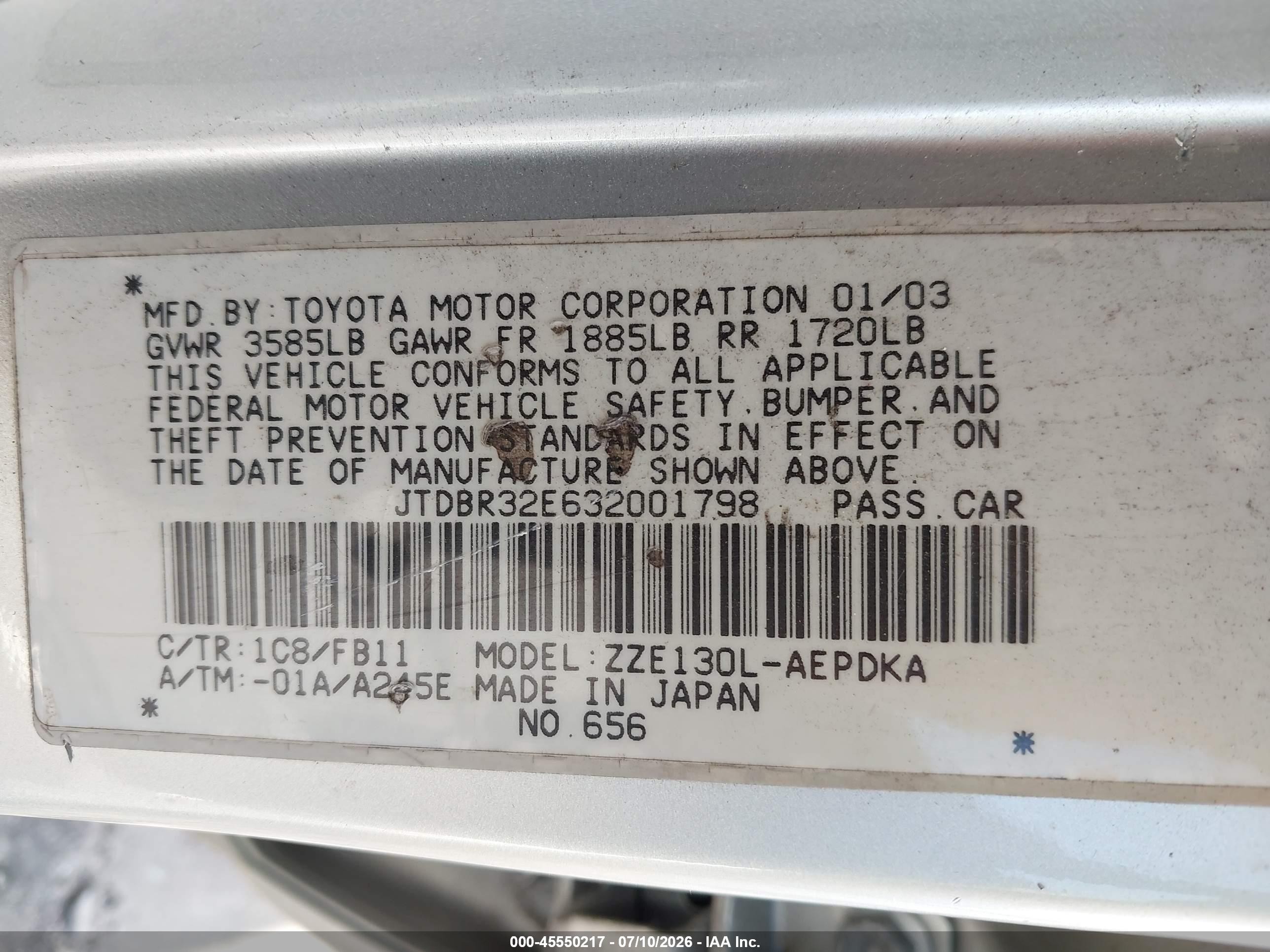 2003 Toyota Corolla Ce Серебряный vin: JTDBR32E632001798