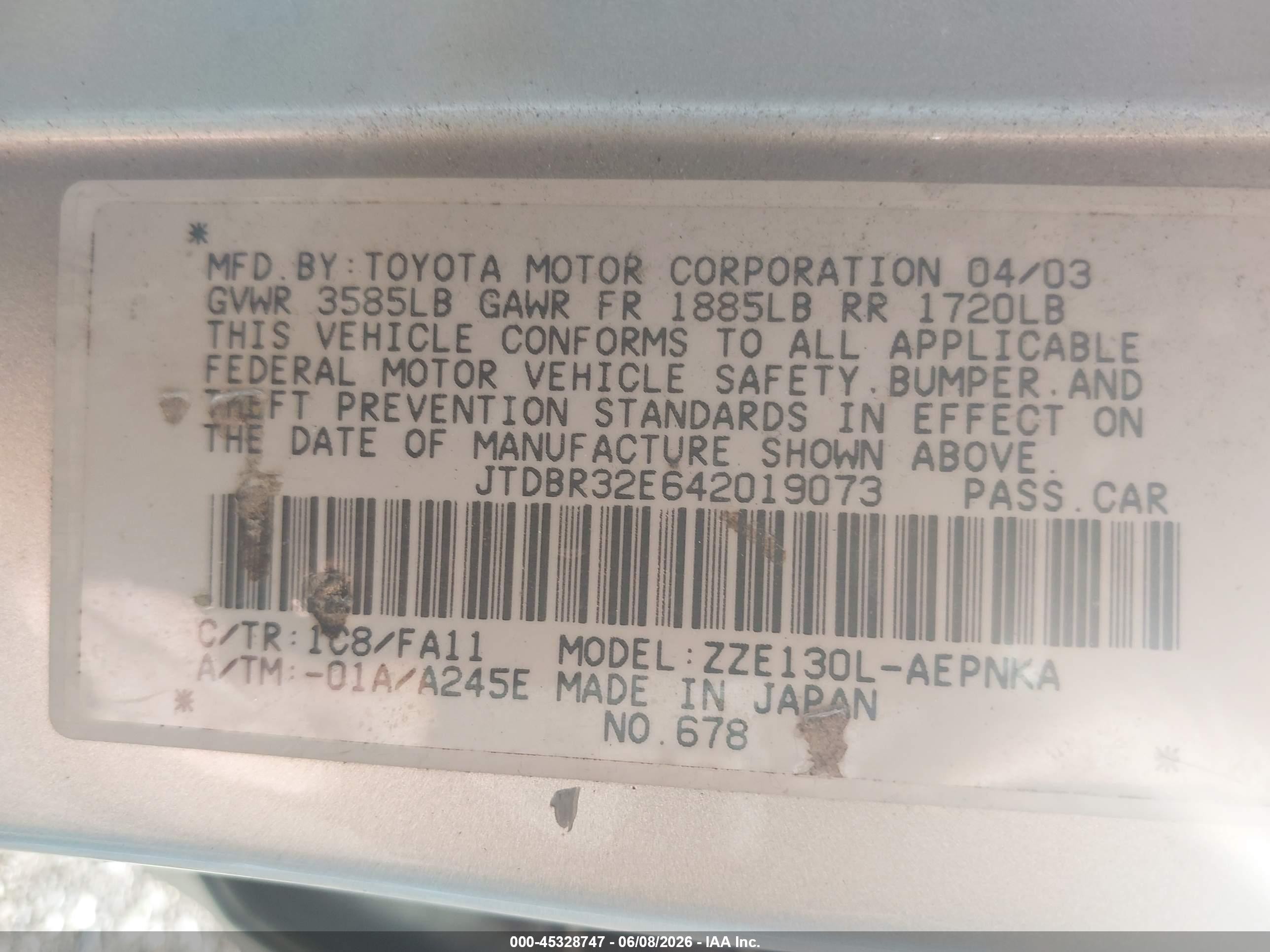2004 Toyota Corolla Le Silver vin: JTDBR32E642019073