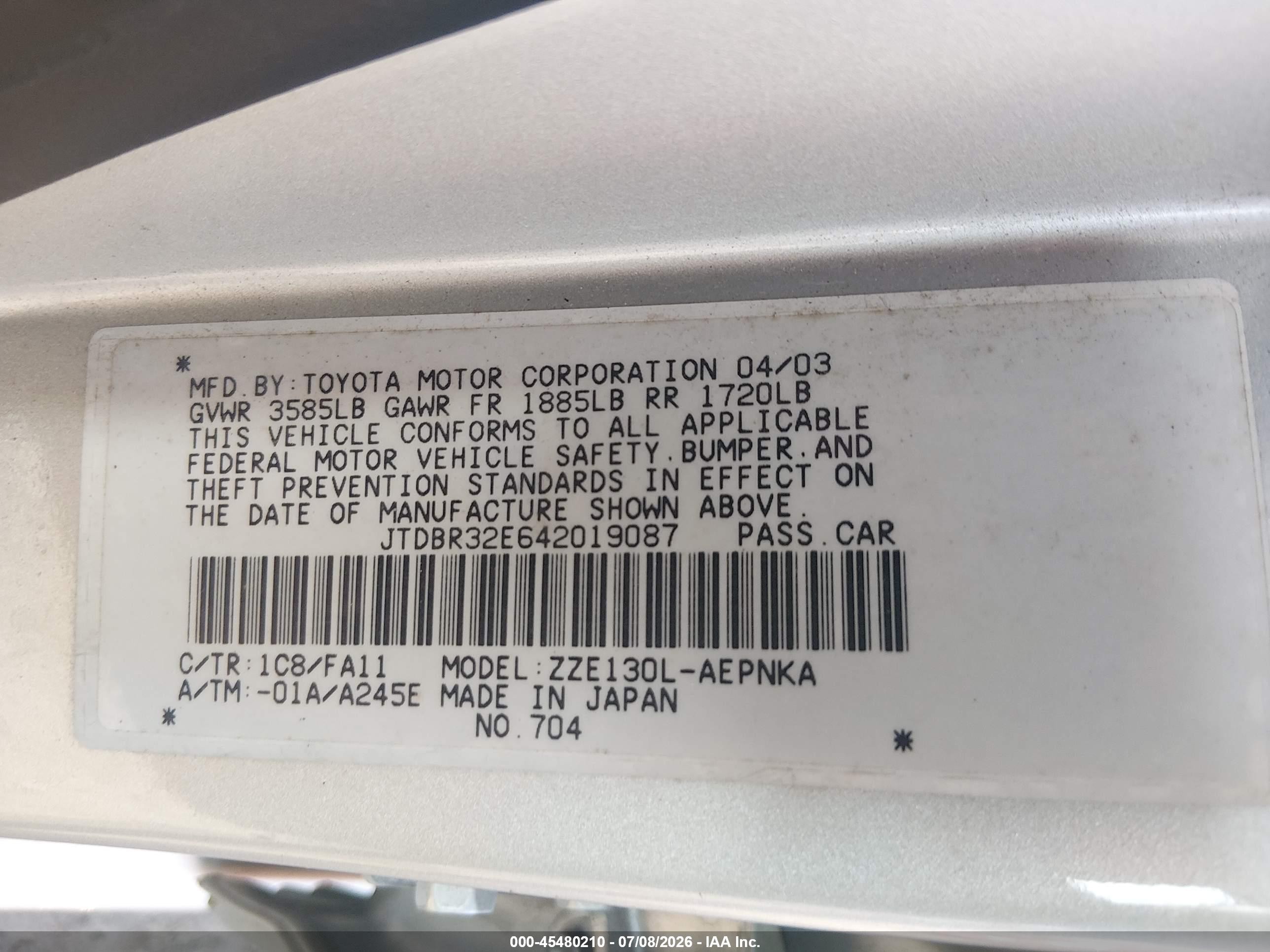 2004 Toyota Corolla Le Silver vin: JTDBR32E642019087