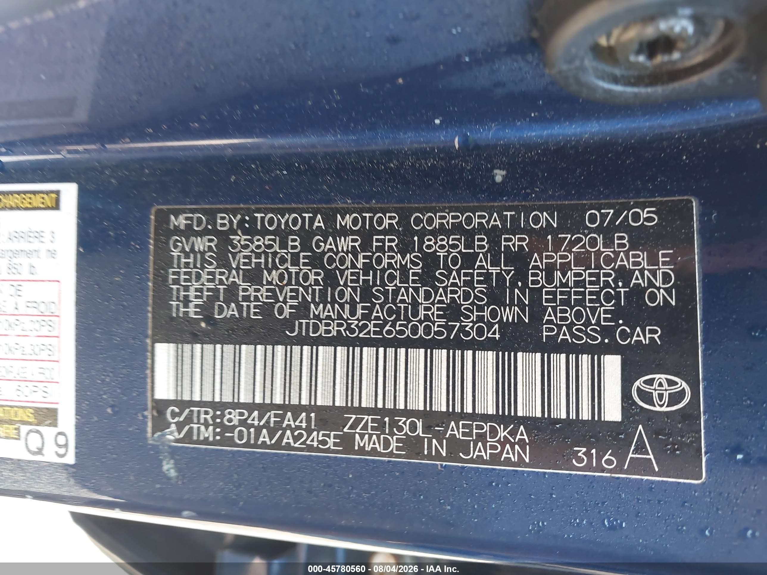 2005 Toyota Corolla Ce Blue vin: JTDBR32E650057304