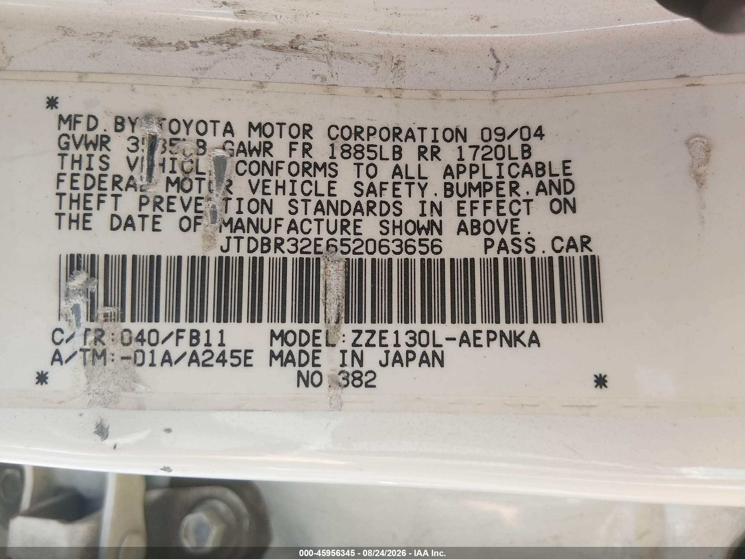 2005 Toyota Corolla Le Белый vin: JTDBR32E652063656