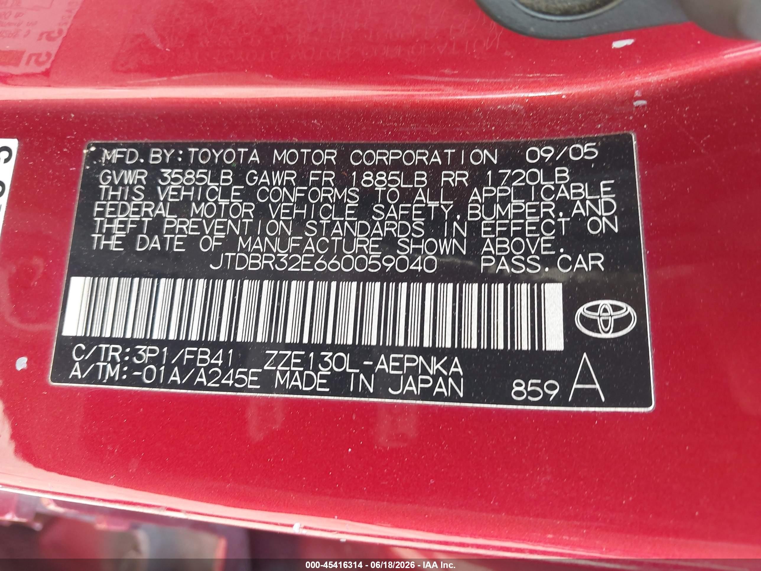 2006 Toyota Corolla Le Red vin: JTDBR32E660059040