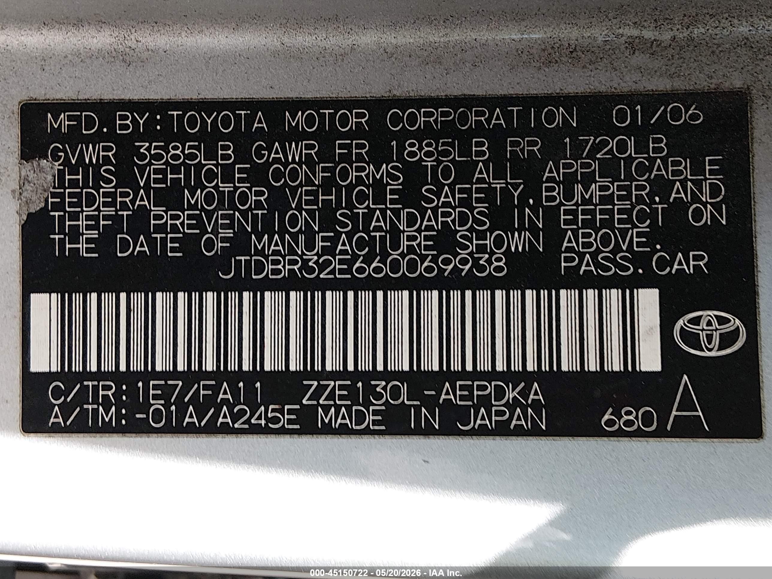 2006 Toyota Corolla Ce Silver vin: JTDBR32E660069938