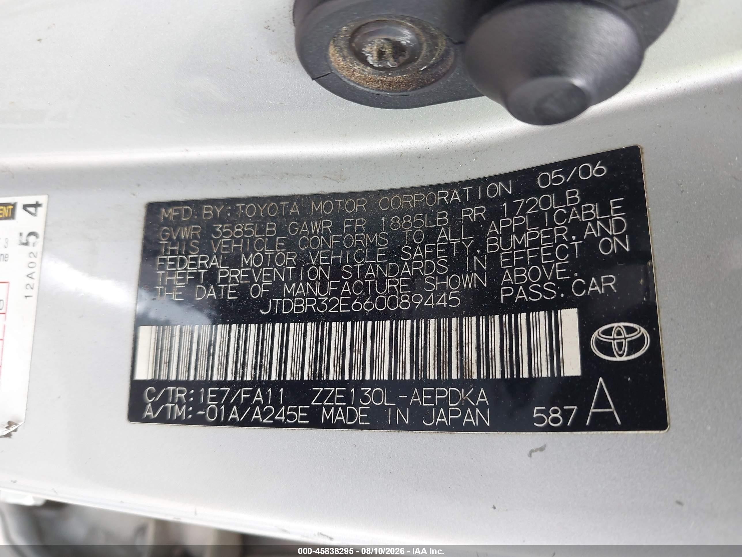 2006 Toyota Corolla Ce Gray vin: JTDBR32E660089445