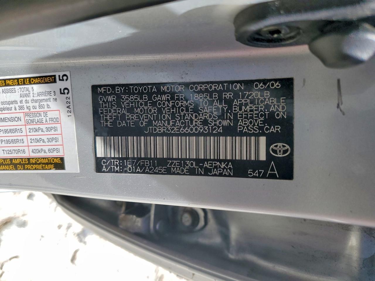 2006 Toyota Corolla Le Silver vin: JTDBR32E660093124
