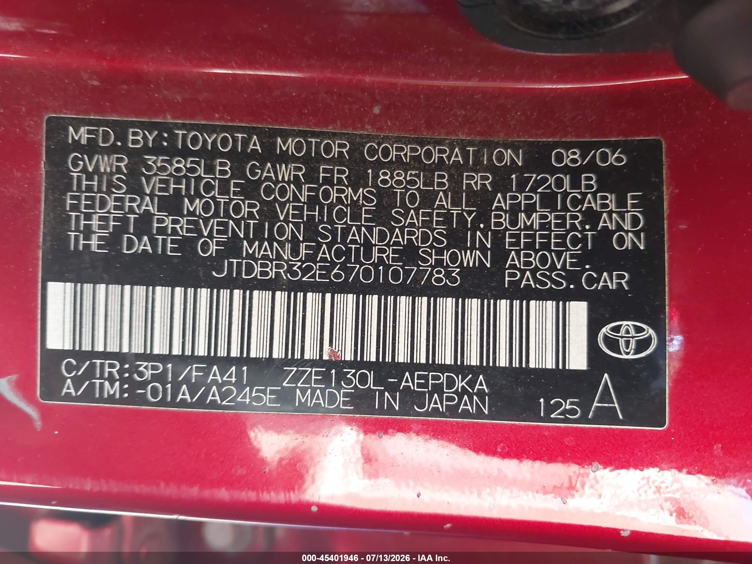2007 Toyota Corolla Ce Red vin: JTDBR32E670107783
