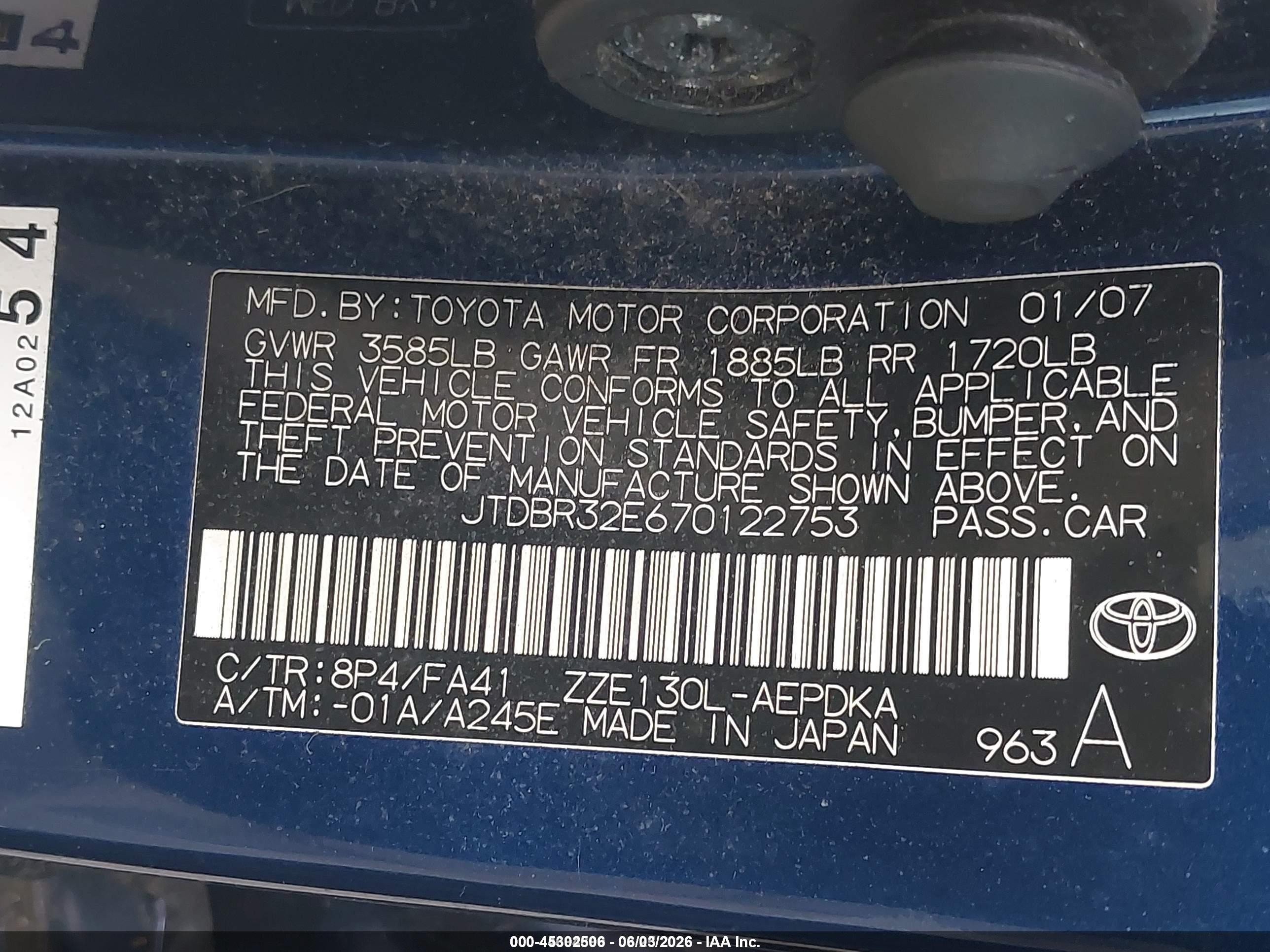 2007 Toyota Corolla Ce Blue vin: JTDBR32E670122753