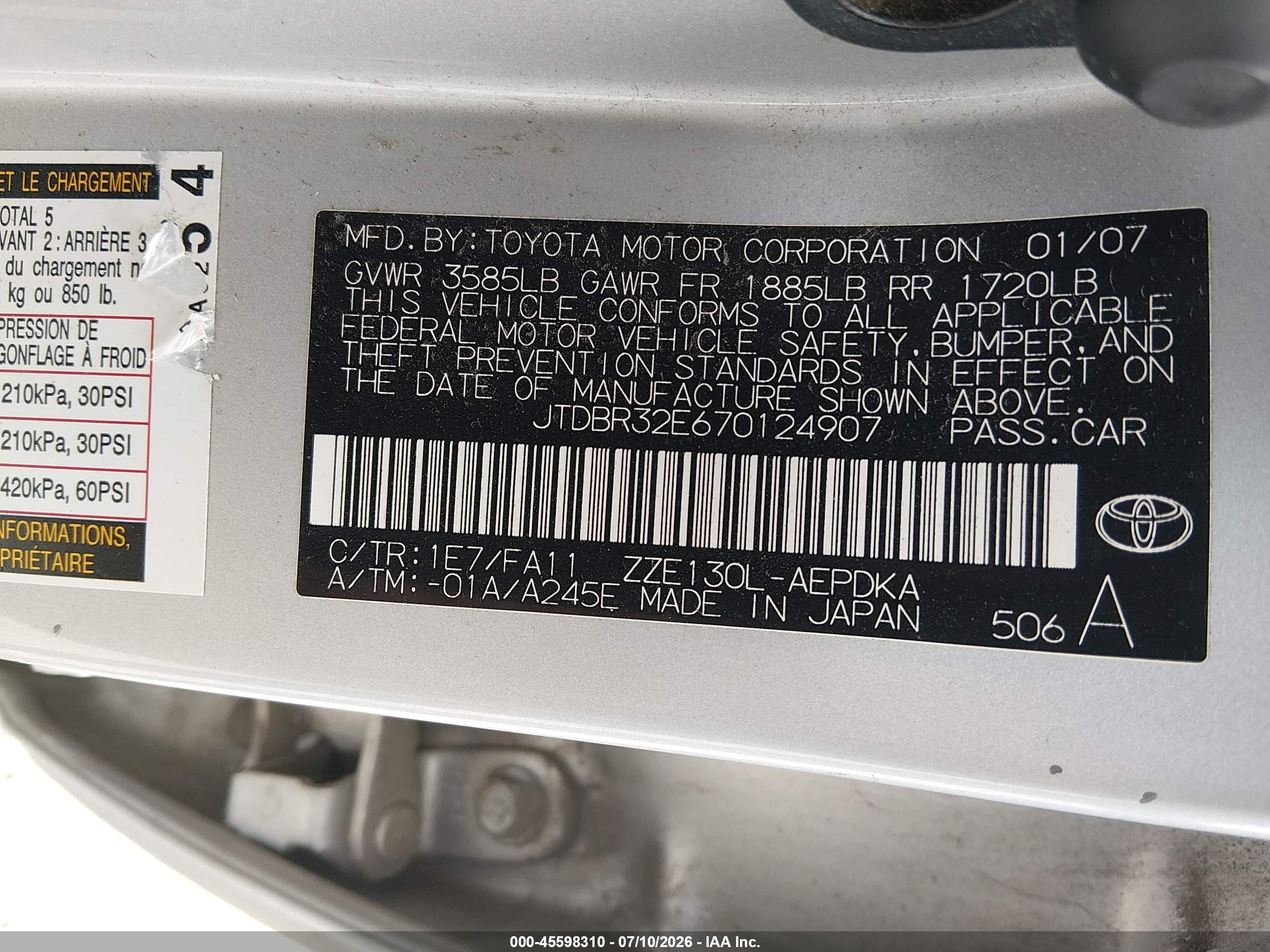 2007 Toyota Corolla Ce Silver vin: JTDBR32E670124907