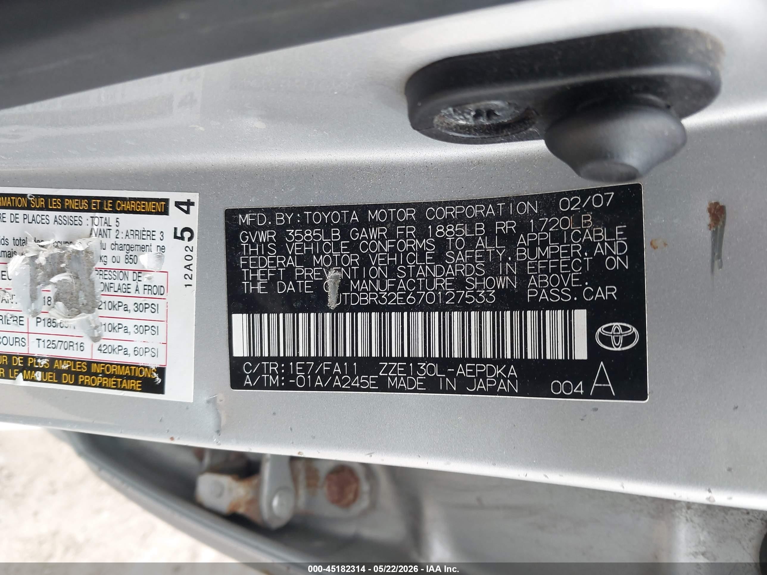 2007 Toyota Corolla Ce Silver vin: JTDBR32E670127533