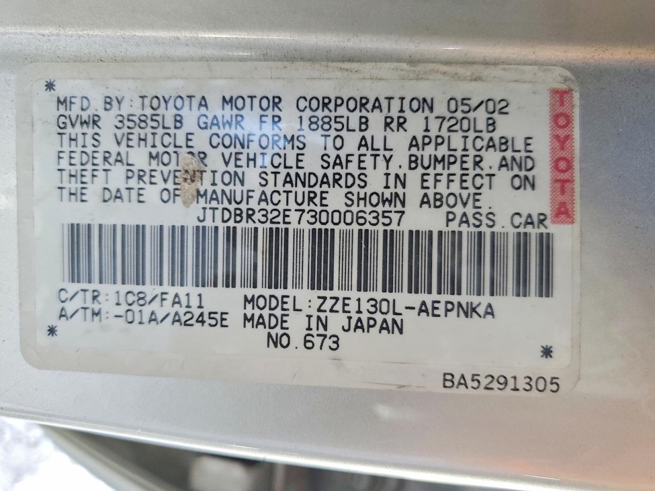 2003 Toyota Corolla Le Silver vin: JTDBR32E730006357