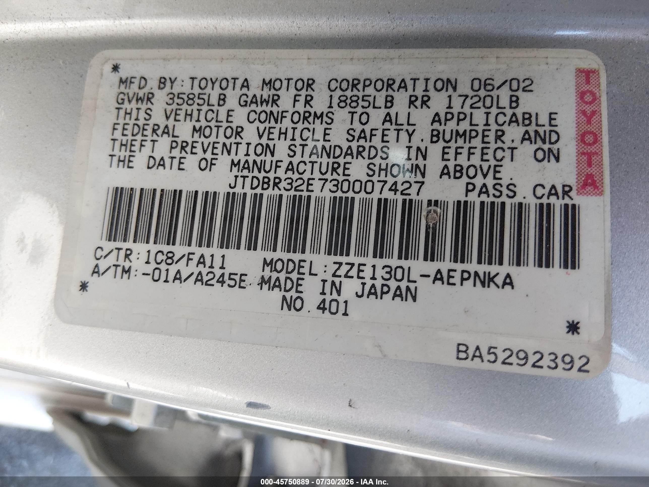 2003 Toyota Corolla Le Silver vin: JTDBR32E730007427