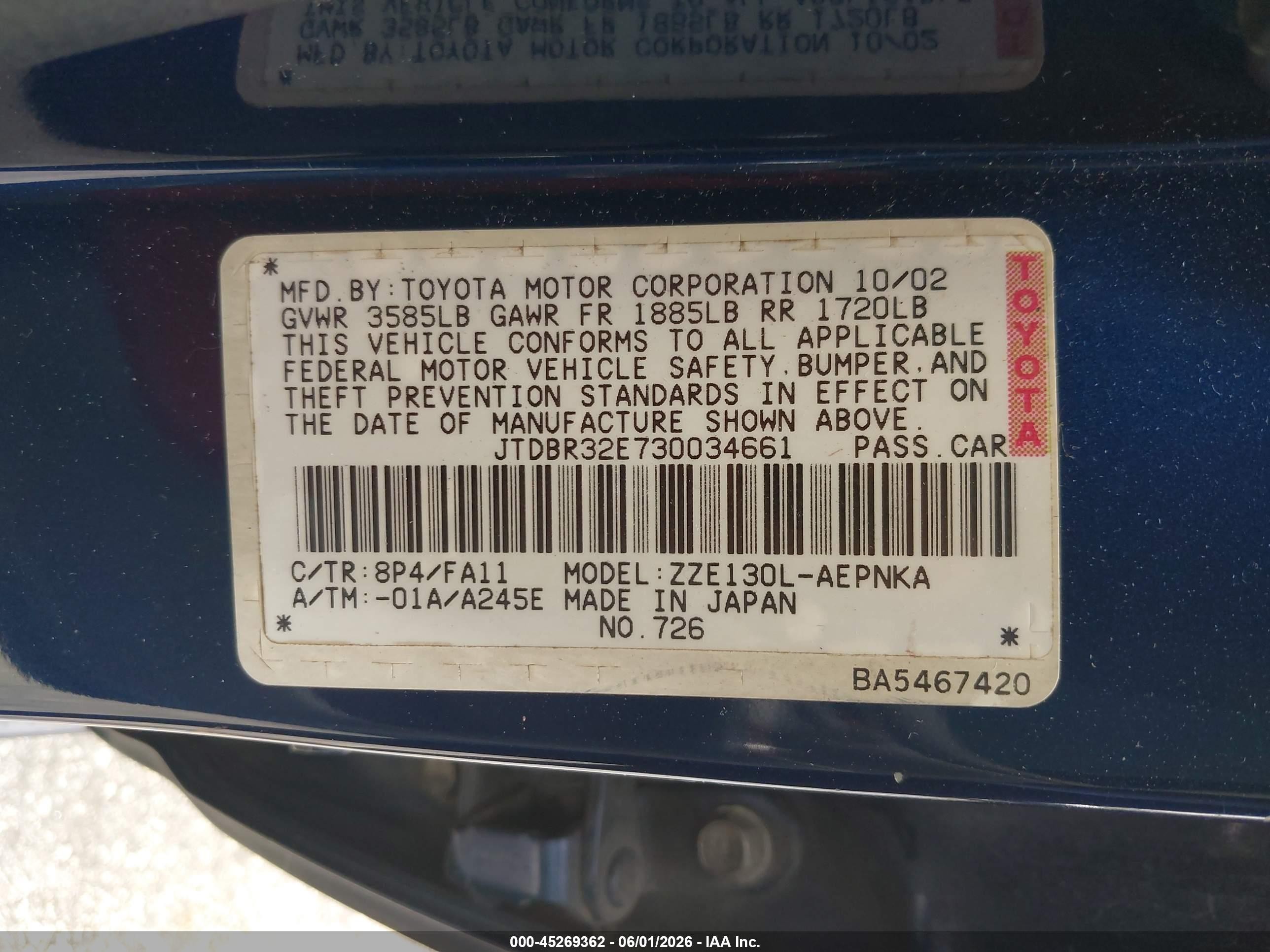 2003 Toyota Corolla Le Blue vin: JTDBR32E730034661