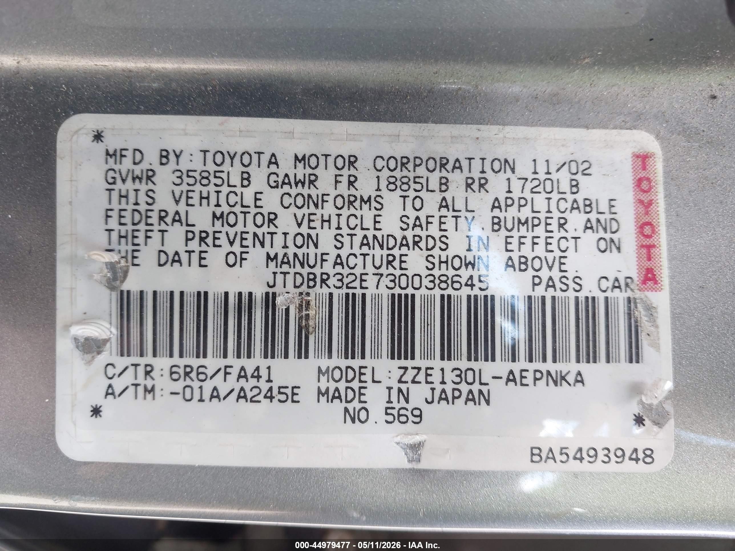 2003 Toyota Corolla Le Gray vin: JTDBR32E730038645