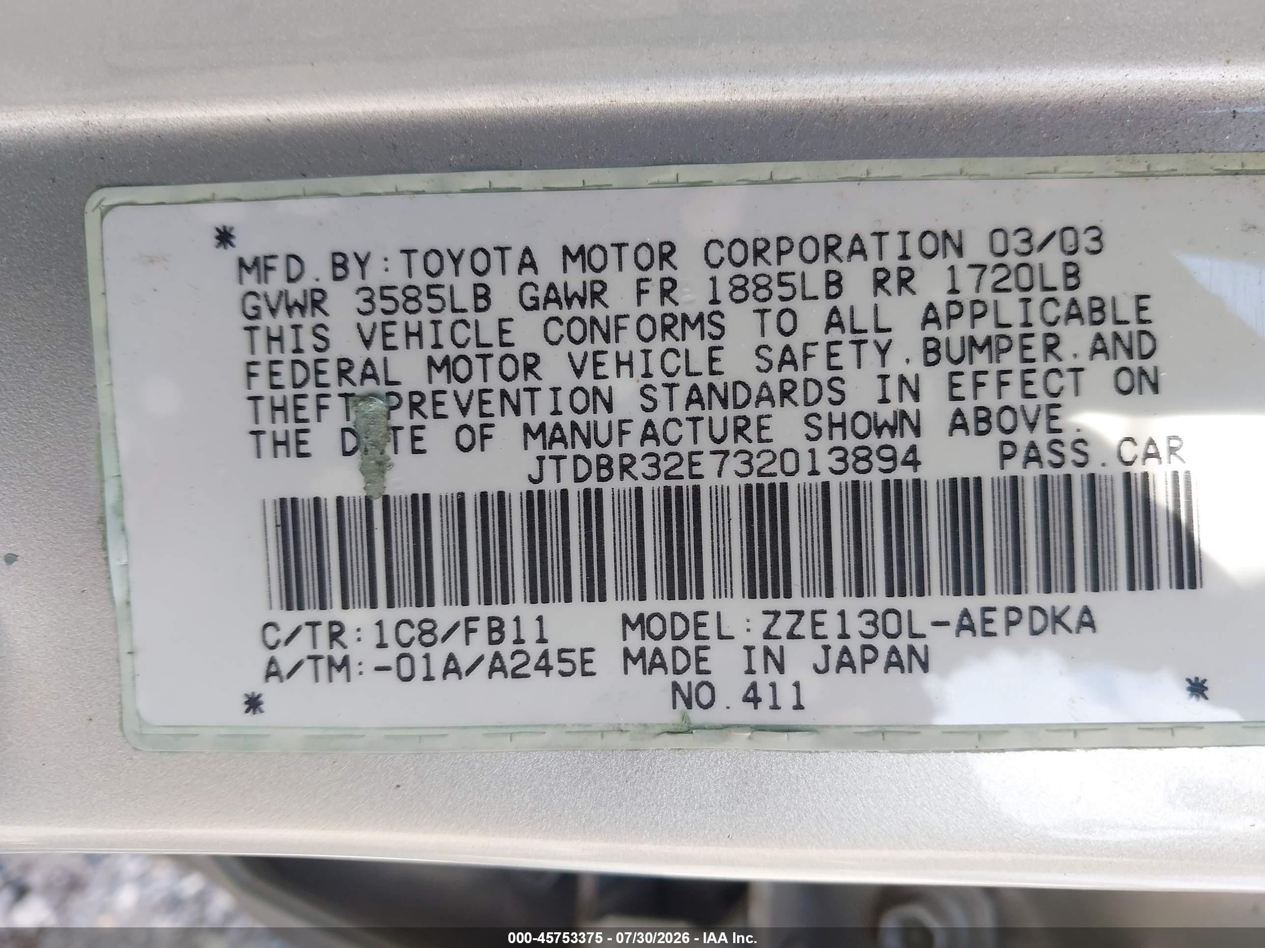 2003 Toyota Corolla Ce Silver vin: JTDBR32E732013894