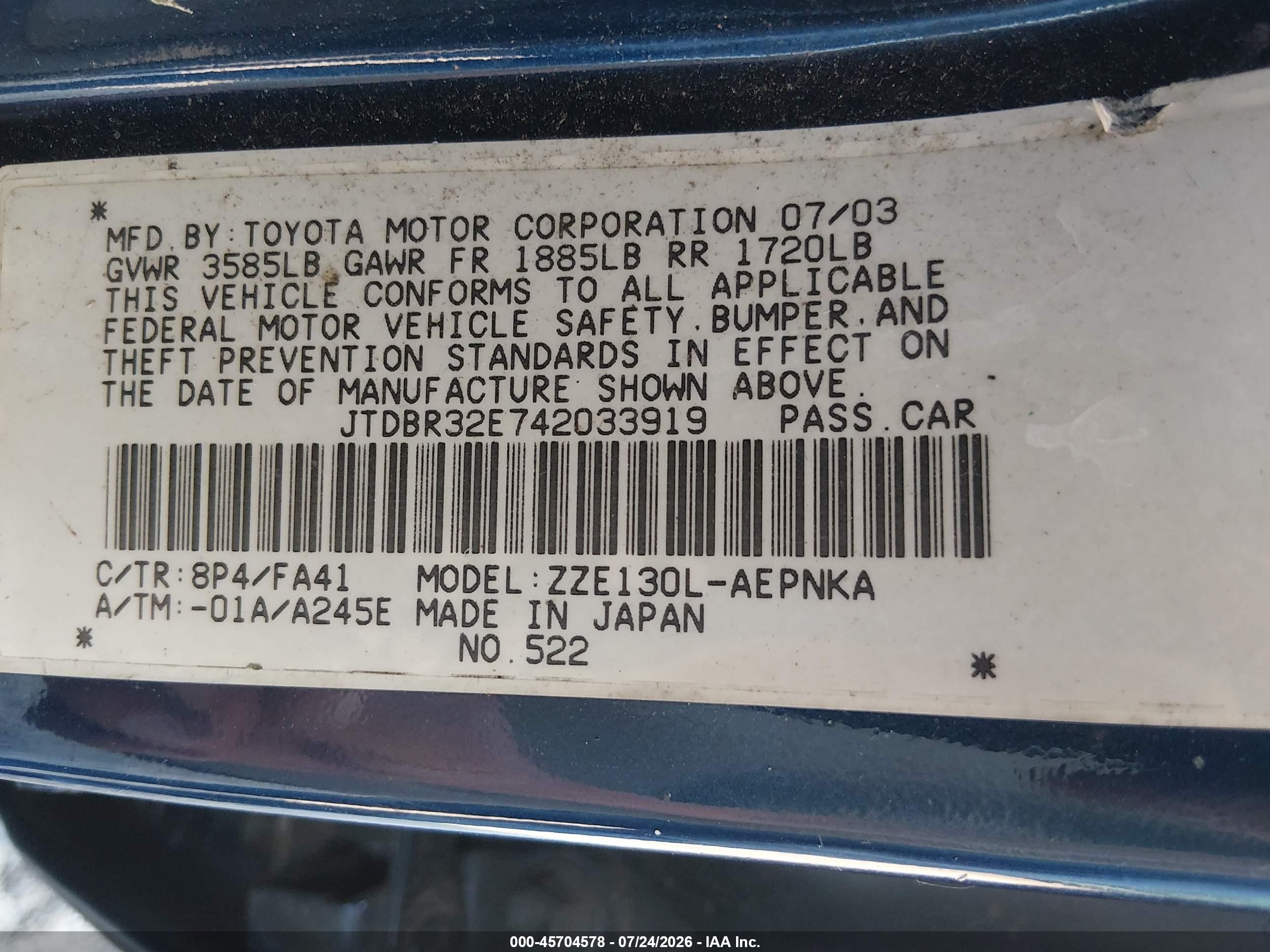 2004 Toyota Corolla Le Blue vin: JTDBR32E742033919