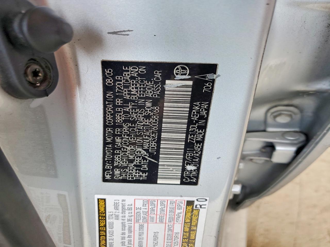 2006 Toyota Corolla Le Silver vin: JTDBR32E760058768
