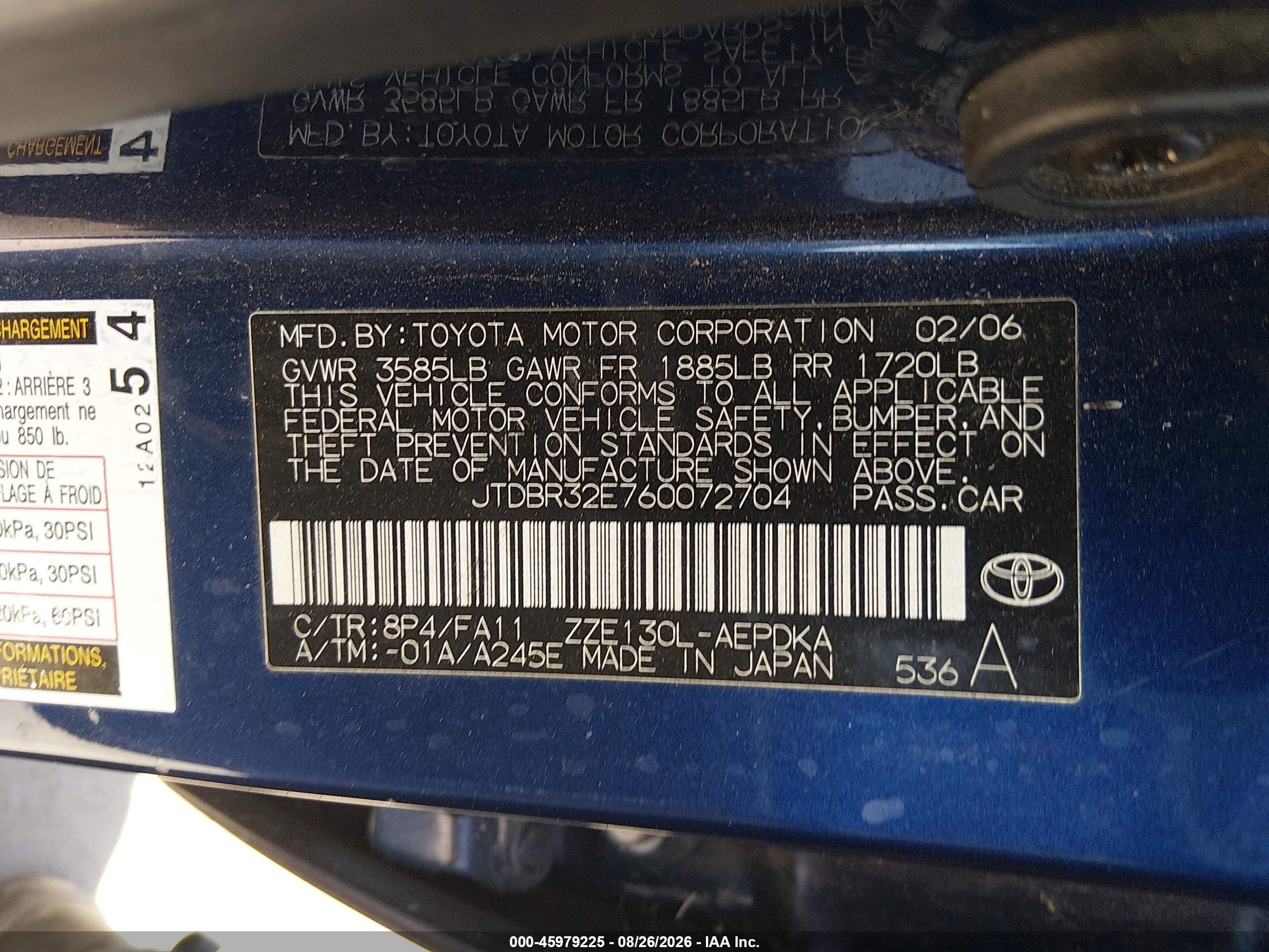 2006 Toyota Corolla Ce Blue vin: JTDBR32E760072704