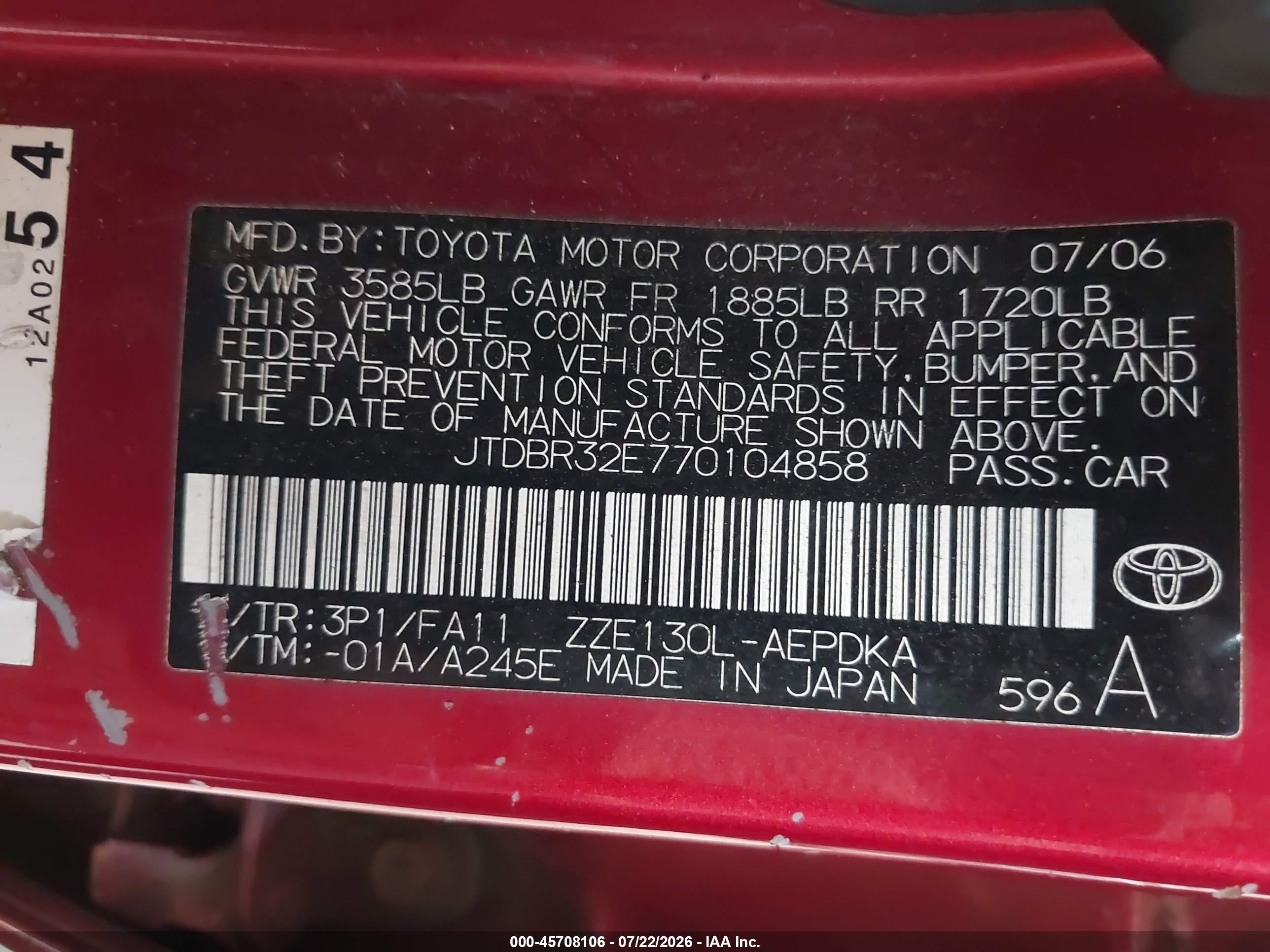 2007 Toyota Corolla Ce Red vin: JTDBR32E770104858