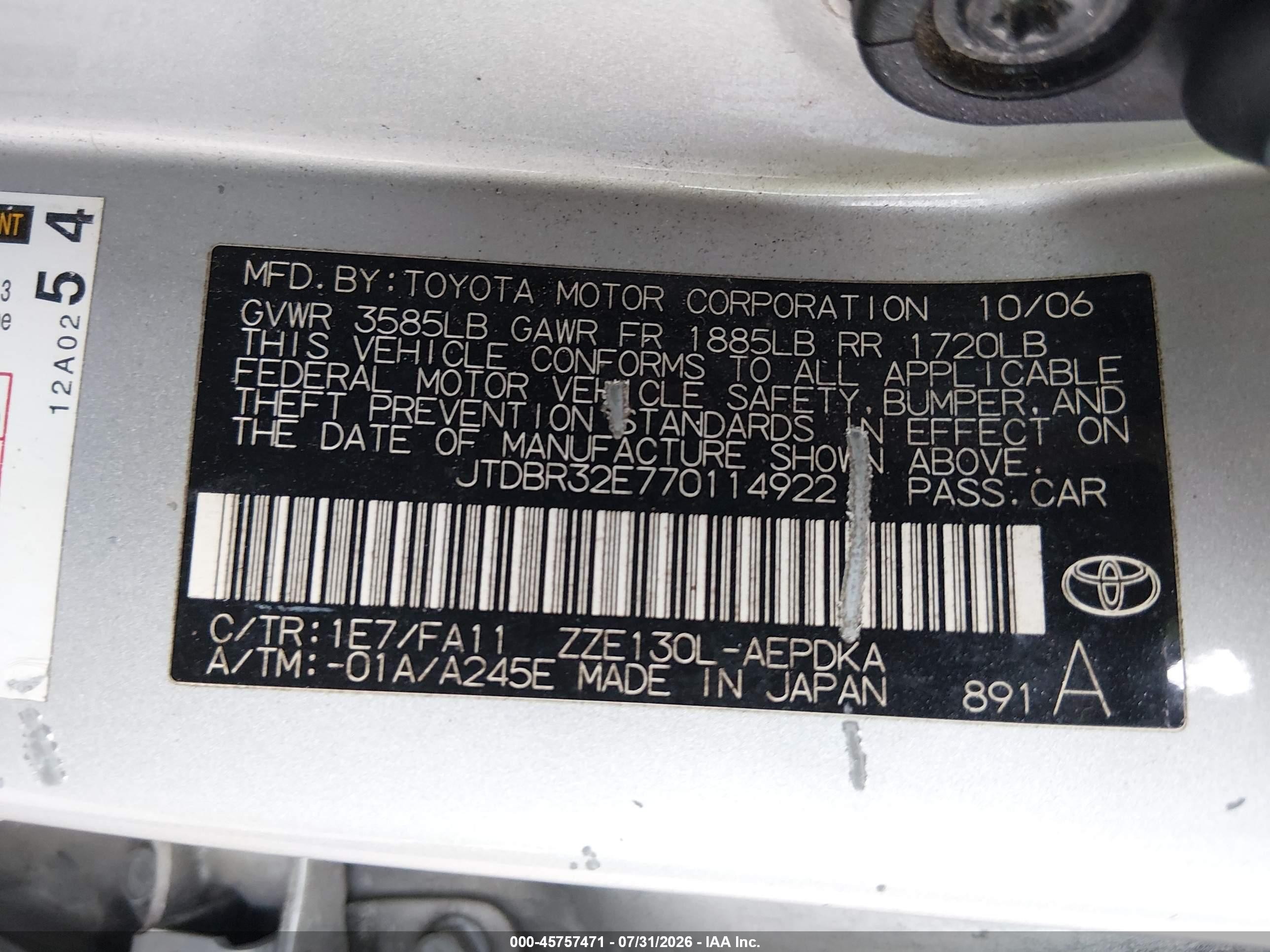 2007 Toyota Corolla Ce Silver vin: JTDBR32E770114922