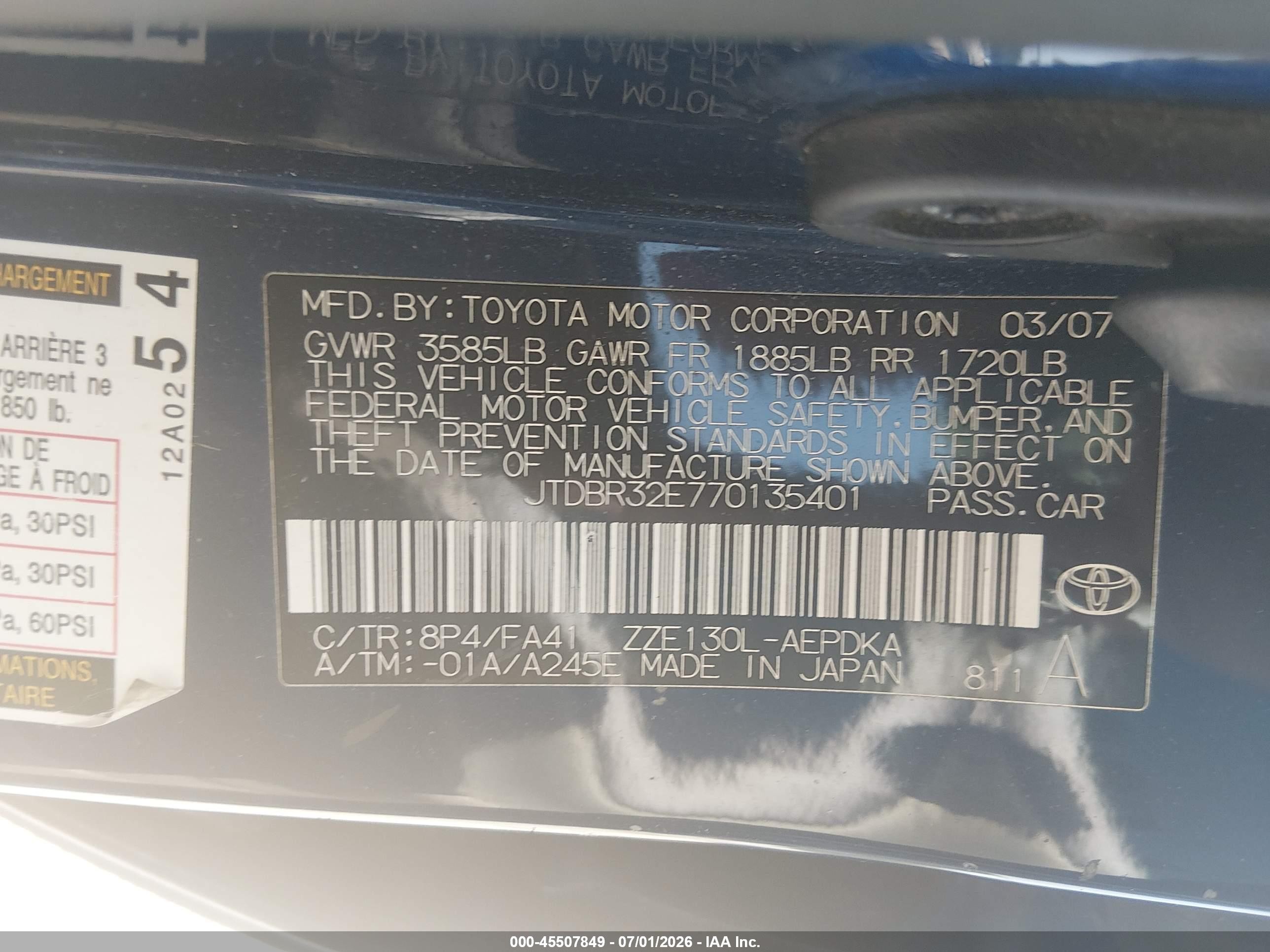 2007 Toyota Corolla Ce Blue vin: JTDBR32E770135401