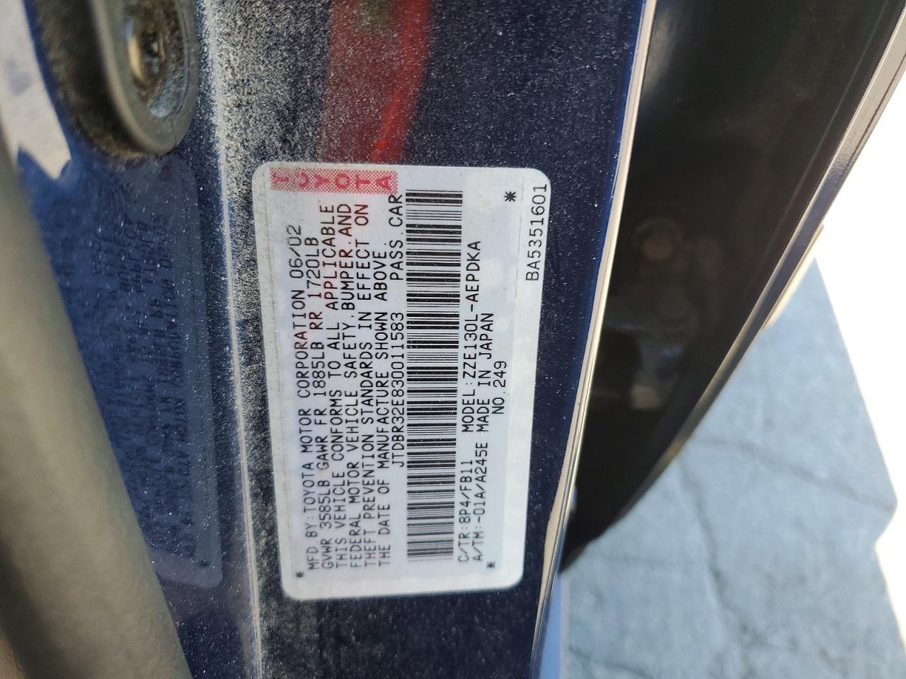2003 Toyota Corolla Ce Blue vin: JTDBR32E830011583