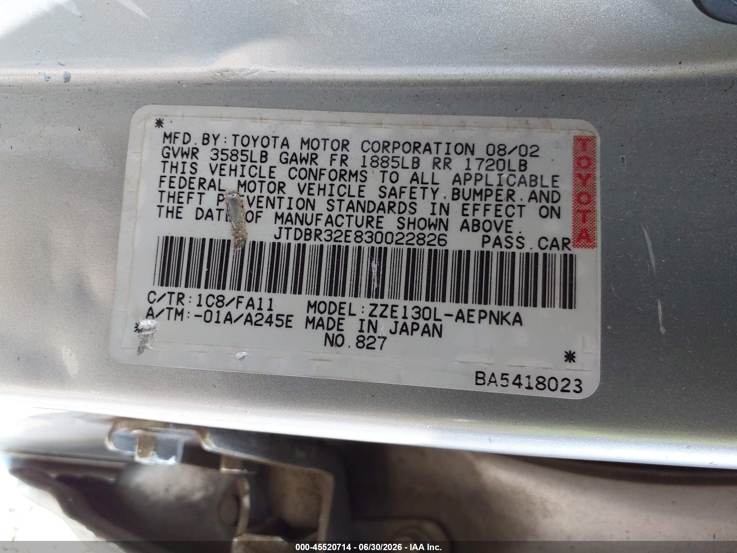 2003 Toyota Corolla Le Silver vin: JTDBR32E830022826