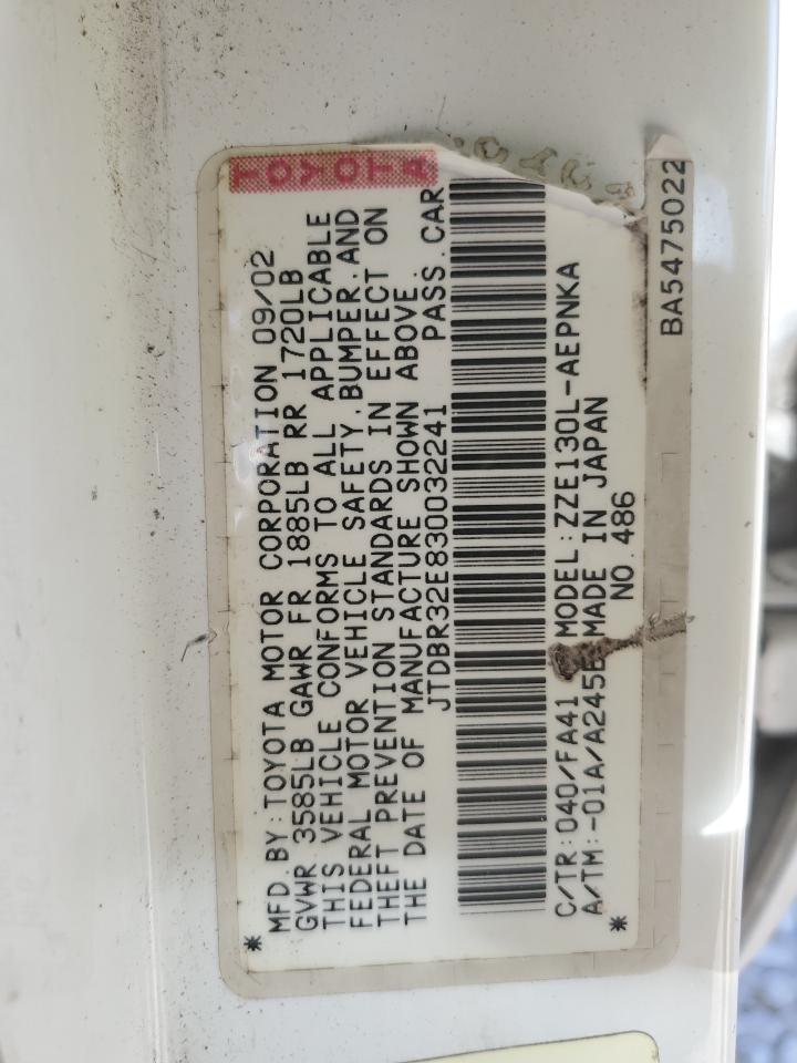 2003 Toyota Corolla Ce White vin: JTDBR32E830032241