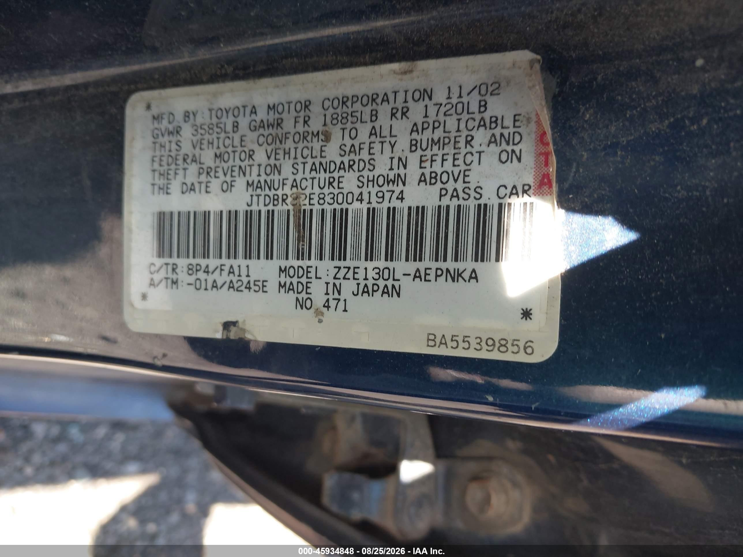 2003 Toyota Corolla Le Blue vin: JTDBR32E830041974