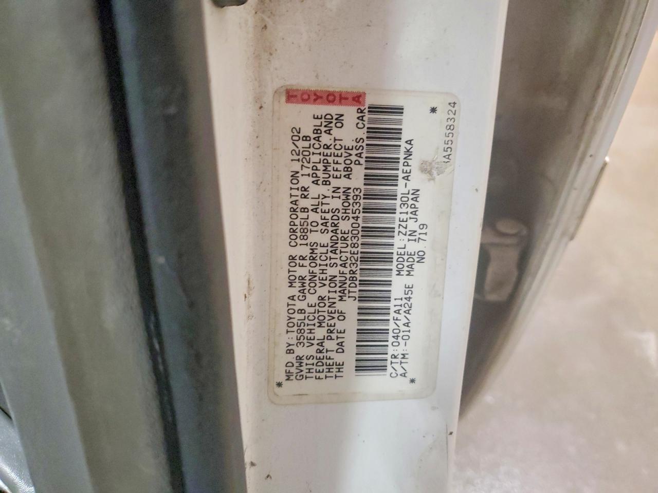2003 Toyota Corolla Белый vin: JTDBR32E830045393