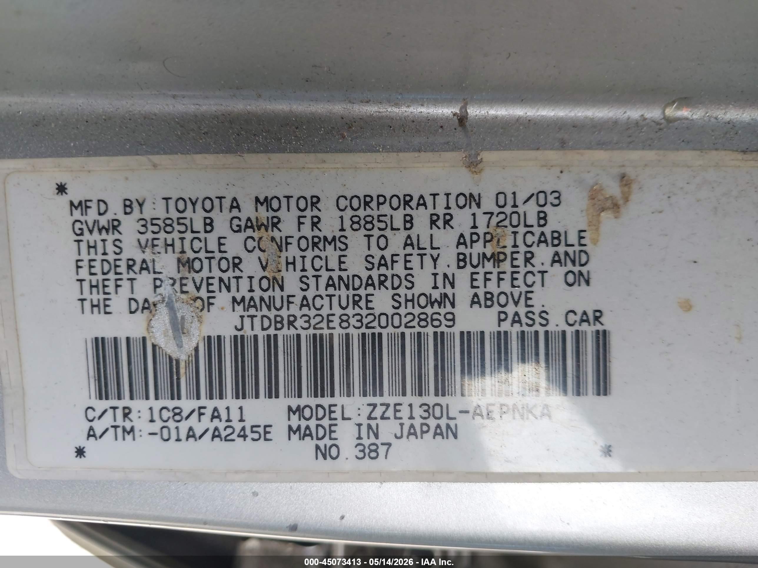 2003 Toyota Corolla Le Silver vin: JTDBR32E832002869